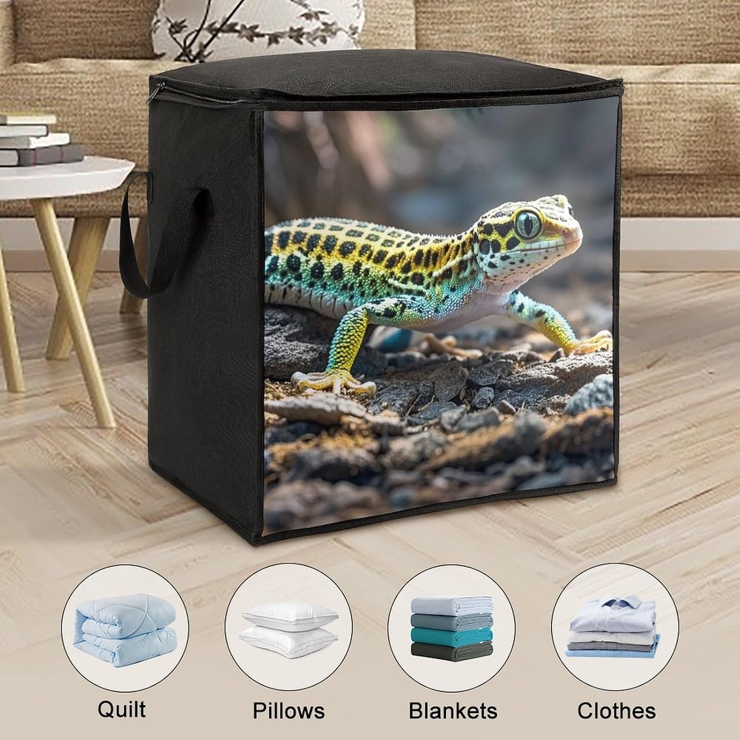 Large Leopard Little Gecko Storage Bags with Handle Foldable Closet Organizers Clothes Storage Bins Bedding Storage Containers Fabric Moving Bags Blanket Comforter Storage Bag 70L