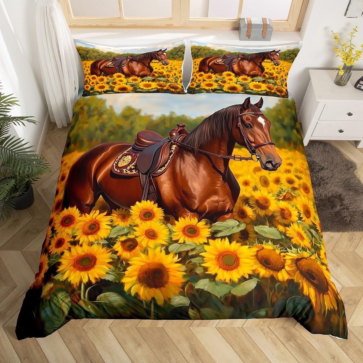 Feelyou Horse Bedding Set Queen Size Sunflower Bedding Duvet Cover Set for Boys Teens Decor Galloping Horse Comforter Cover Set Farm Bedspread Cover Bedroom Cute Animal Decor Quilt Cover 3Pcs