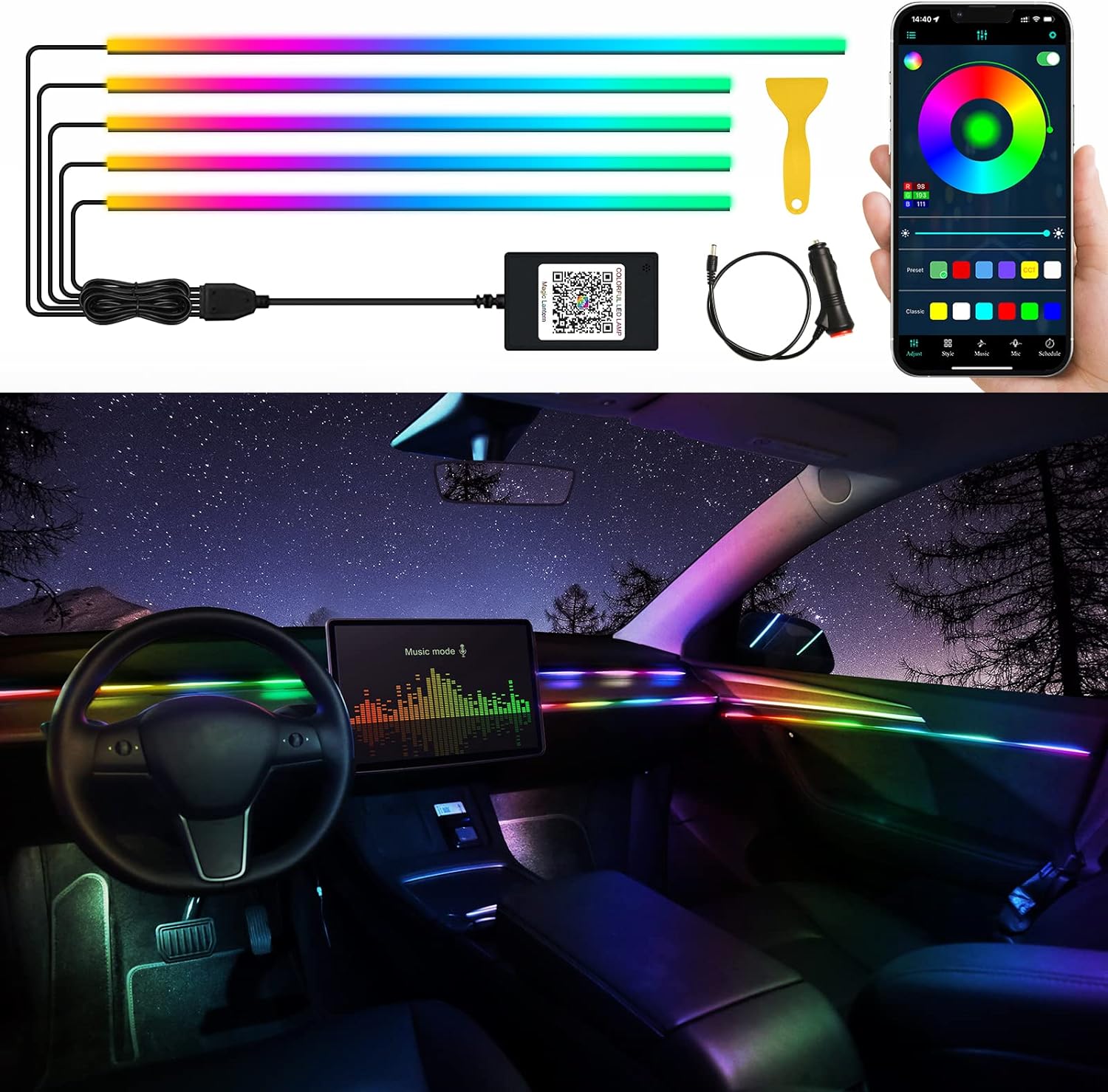Acrylic Interior Car LED Strip Light with Wireless APP, RGB