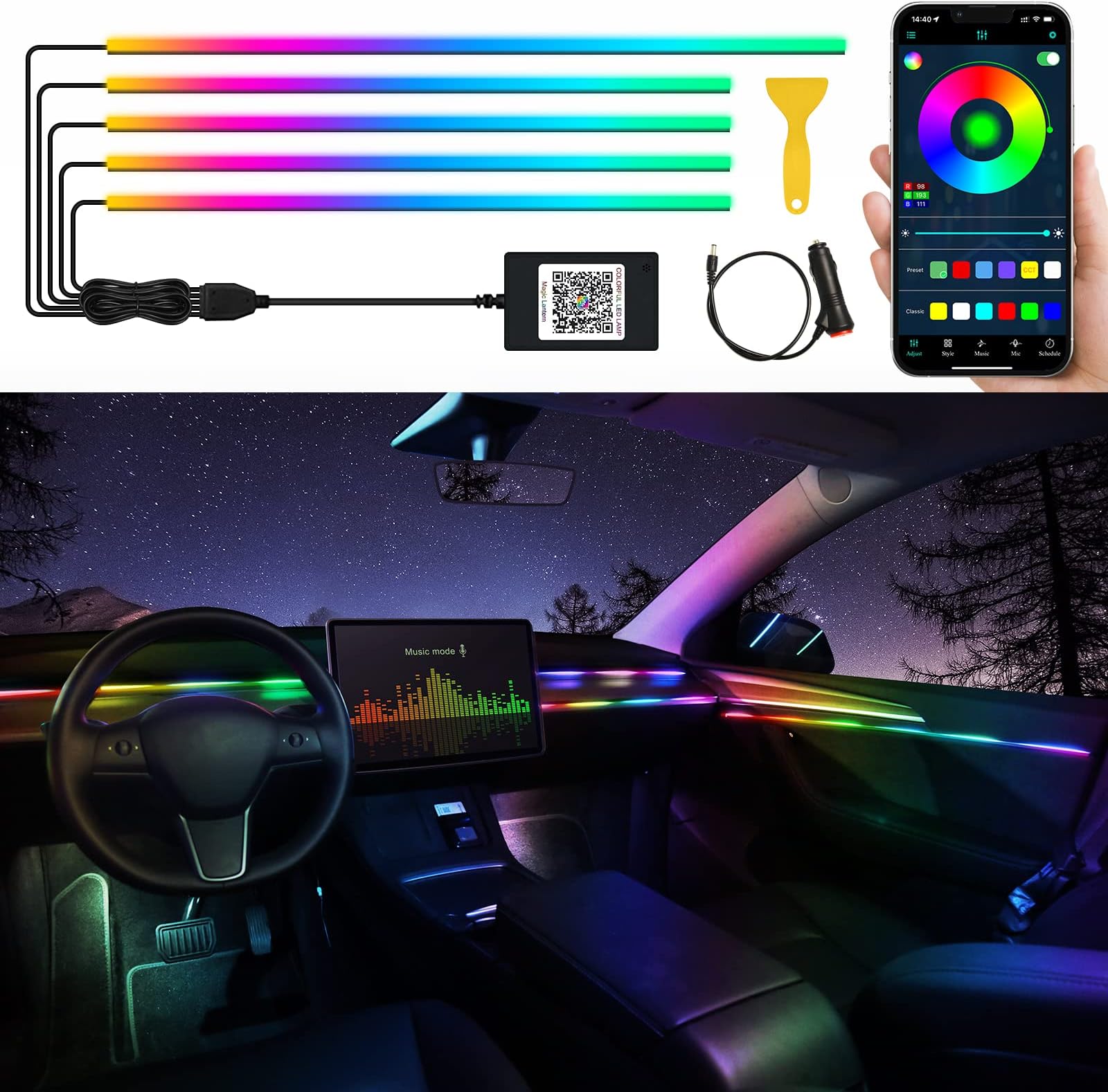 Acrylic Interior Car LED Strip Light with Wireless APP, RGBIC Dreamcolor 5 in 1 Ambient Lighting Kits, 16 Million Colors Sound Active Function Car Neon Lights, Sync to Music (dreamcolor 5 in 1)