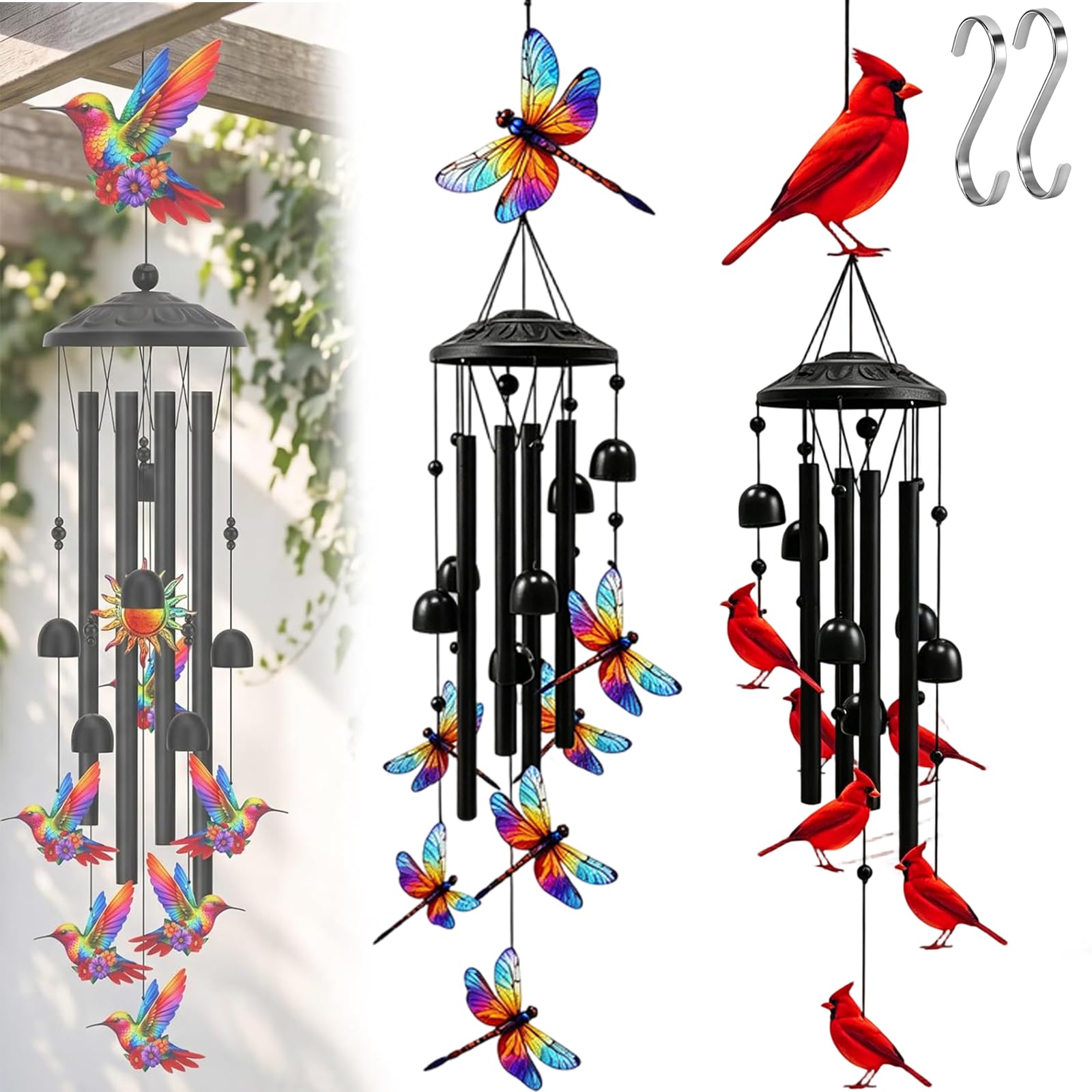 2026 New Colorful Hummingbird Wind Chime for Outside Bird Lovers, Wind Chimes Indoor for Home Ornament, Outside Metal Windchimes for Patio, Porch, Yard Decor (2PC-F)