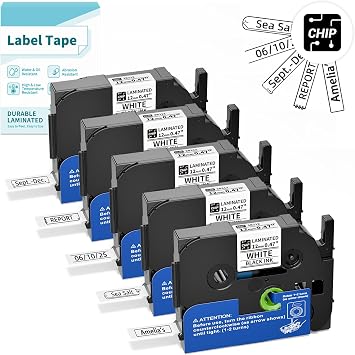 White BZ Tapes for D210S H1100 E1000 Label Maker, 12mm 0.47 Laminated CHIP Label Tapes Refills, Black on White (3B21Z), 0.47 Inch (12mm) x 26.2 Feet (8m), 5-Packs