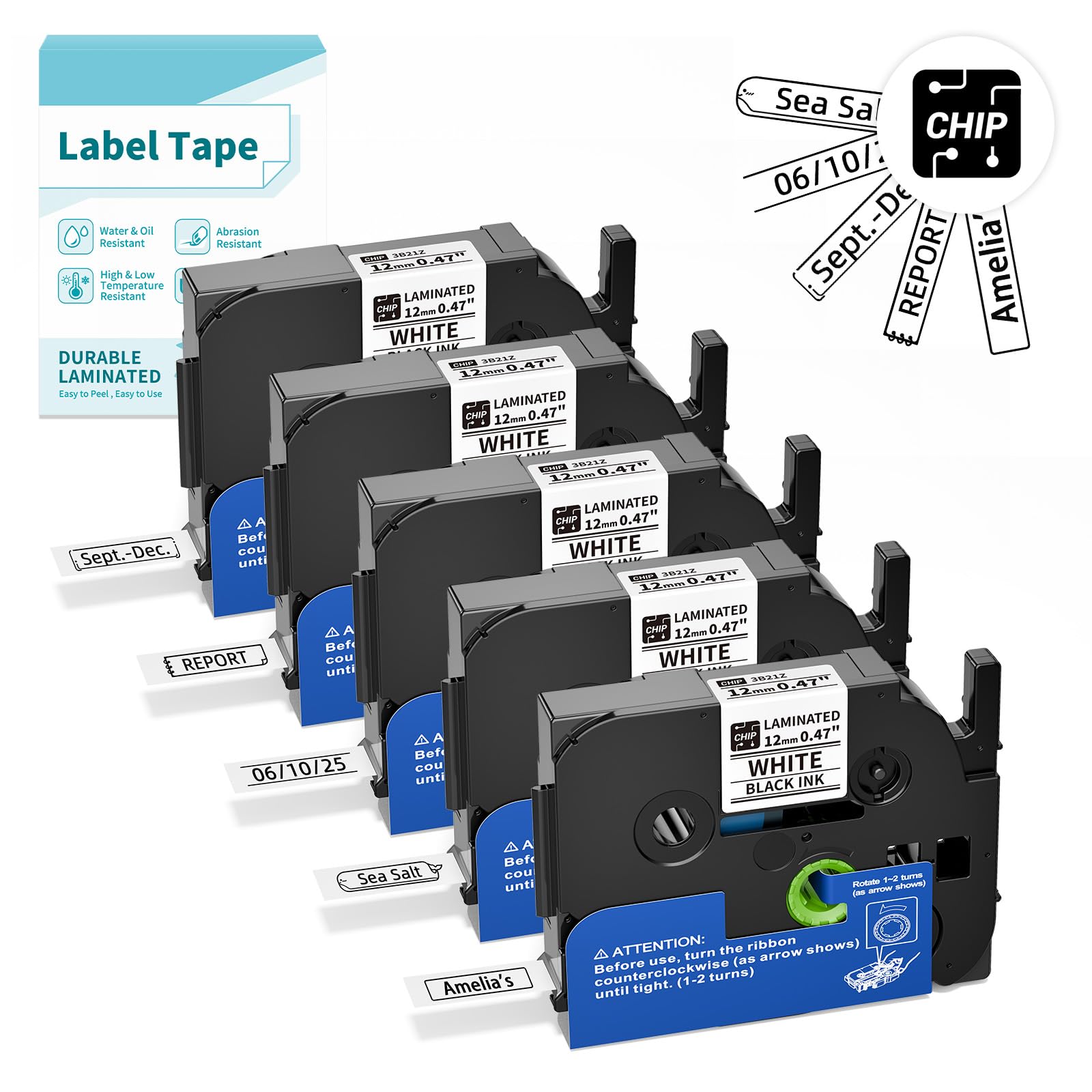 White BZ Tapes for D210S H1100 E1000 Label Maker, 12mm 0.47 Laminated CHIP Label Tapes Refills, Black on White (3B21Z), 0.47 Inch (12mm) x 26.2 Feet (8m), 5-Packs
