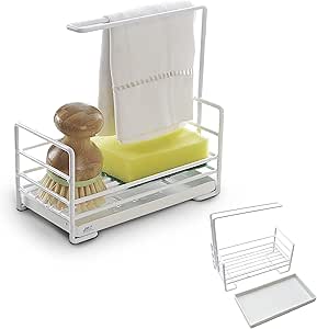 Porta Spugne Per Lavello Cucina | Con Divisori E Portasciugamani | Grigio | Alluminio Spaziale | Senza Fori - Foto 7