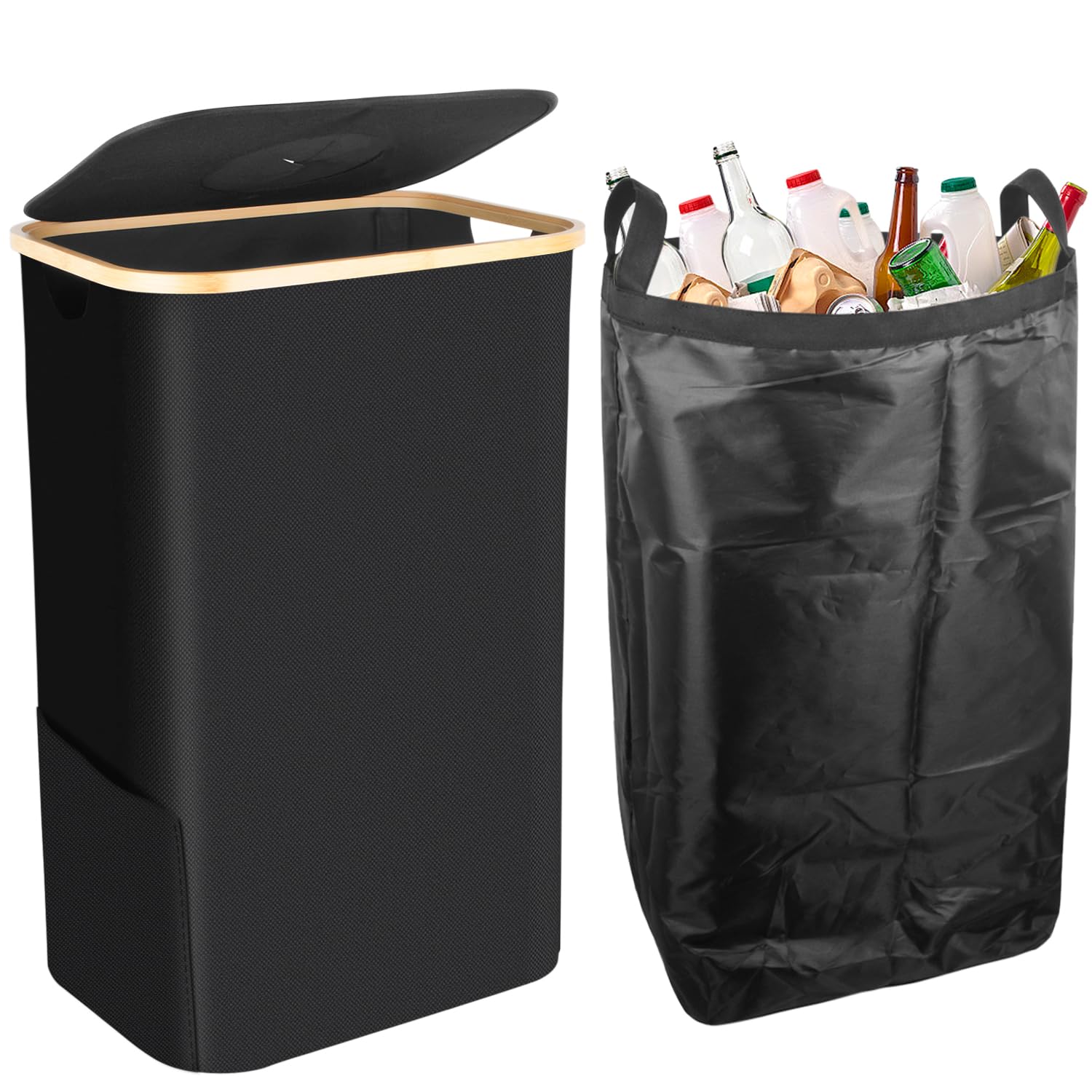 Cubo de basura cocina 100L, con tapa y Bolsa de mano, cubo basura reciclaje de depósito con agujero, muy adecuado para el cubo de basura cocina reciclaje, coleccionista de botellas (negro)