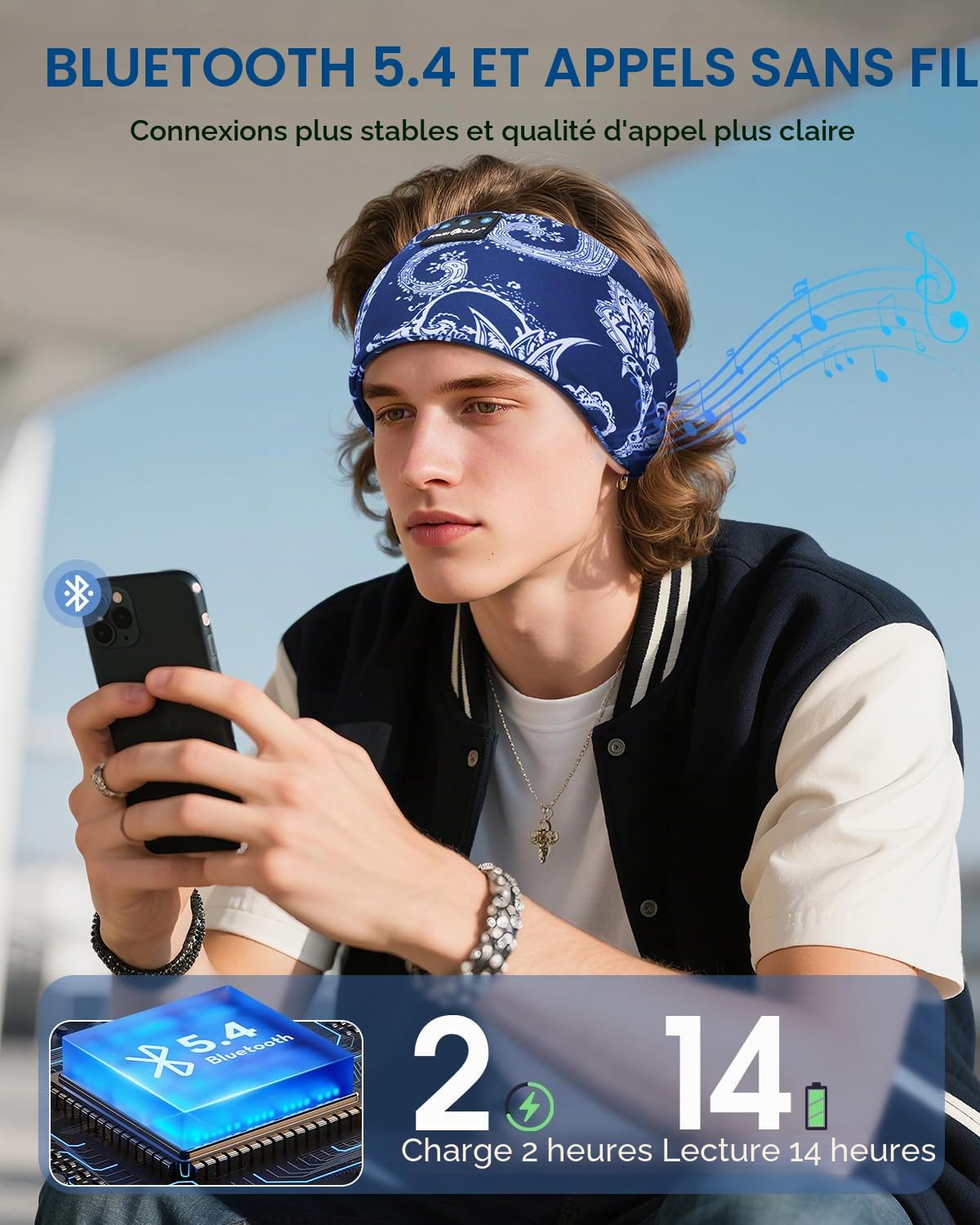 Bandeau Sommeil Bluetooth, Bandeau Écouteurs pour Dormir, Casque de Sommeil Sans Fil Ultra-Fin pour Dormeur Latéral, Confort Optimal, Qualité Sonore HD, 14 Heures d'Autonomie, Sport,Voyage,Relaxation