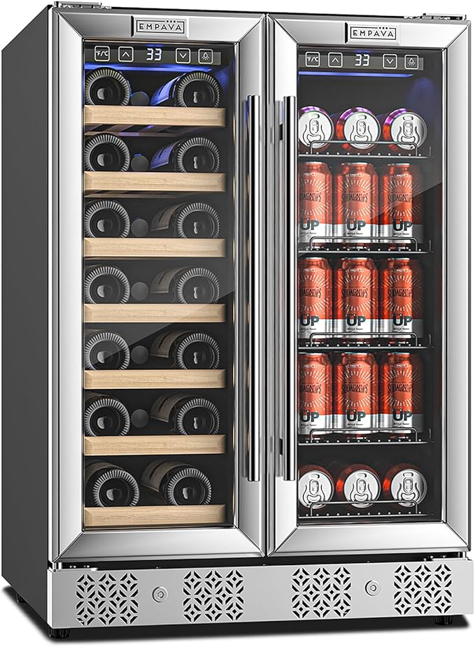 Empava Wine and Beverage Refrigerator Cooler Dual Zone 24 inch, Built-in Counter or Freestanding Fridge with Glass Door and LED Light, 78 Cans and 20 Bottles Capacity, Silver