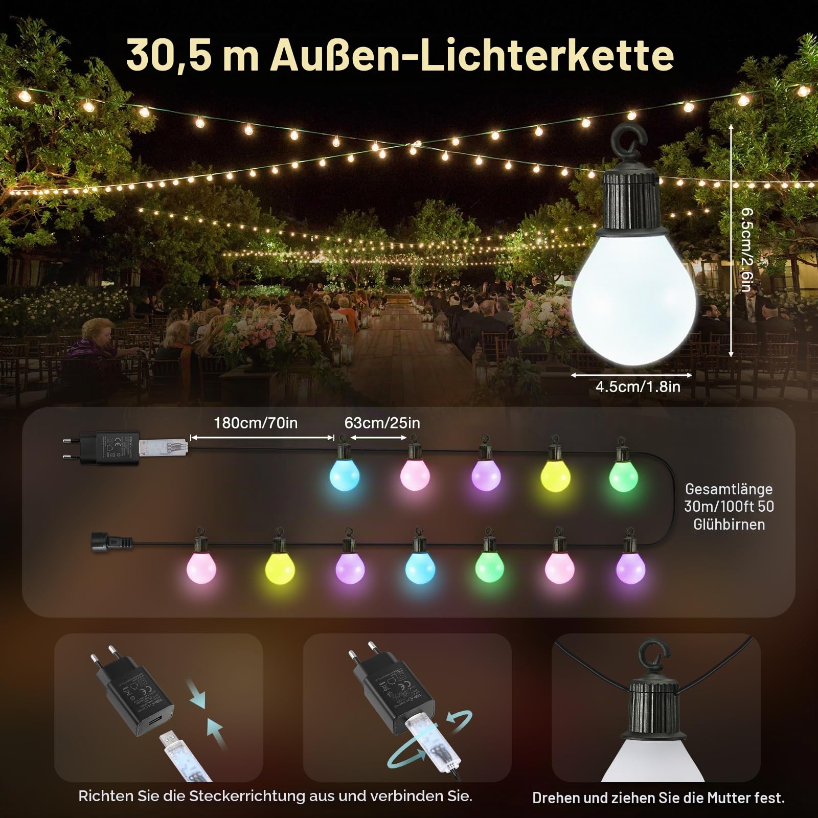 Lichterkette Outdoor, 100ft/30M Lichterkette Außen mit 50 Glühbirnen, Fernbedienung und App, Timer, 16 Millionen Farben und über 58 Szenenmodi, Wasserdichte Led Lichterkette für Party Garten