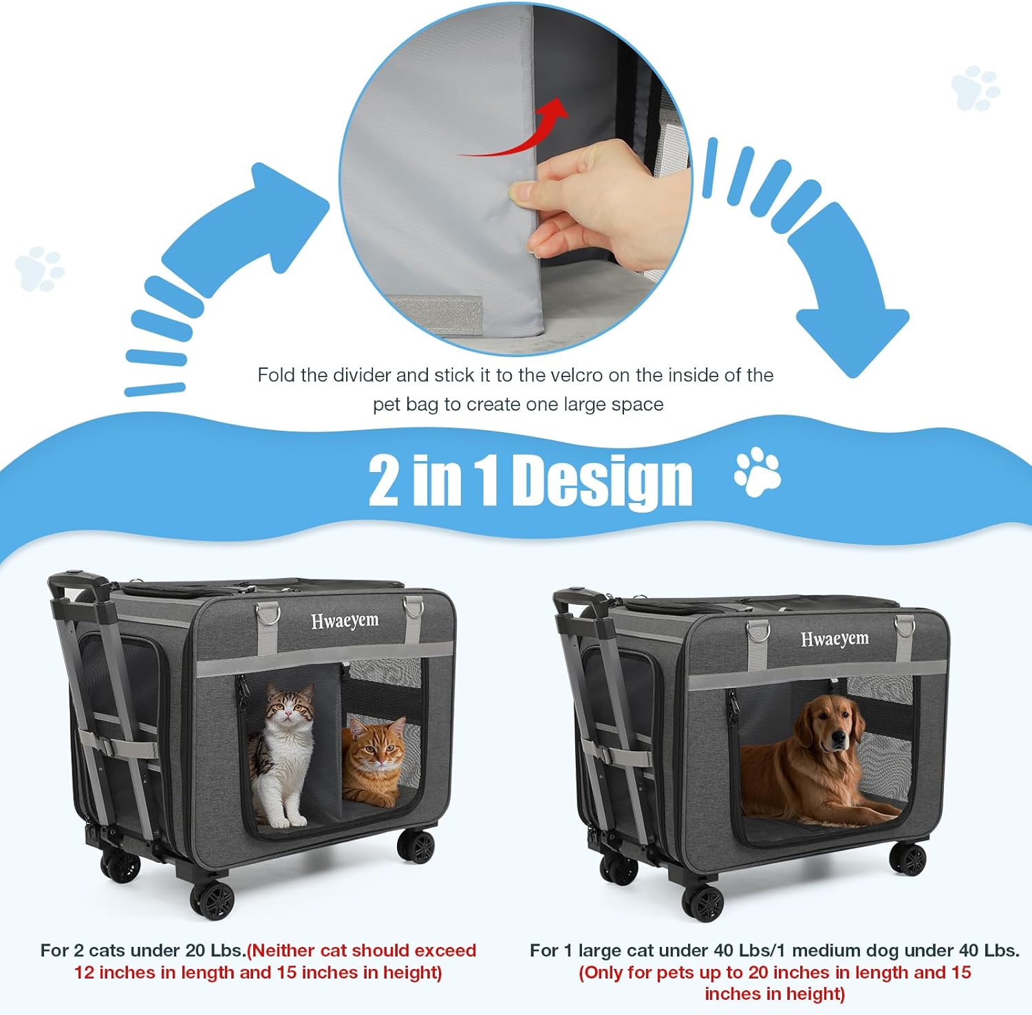 Extra Large Pet Cat Carrier with Wheels, Rolling Pet Carrier for 2 Cats or Medium Dog, 24" X 15" X 17" Portable Dog Cat Crate for Large Cat, Support up to 40 Lbs, Dark Gray