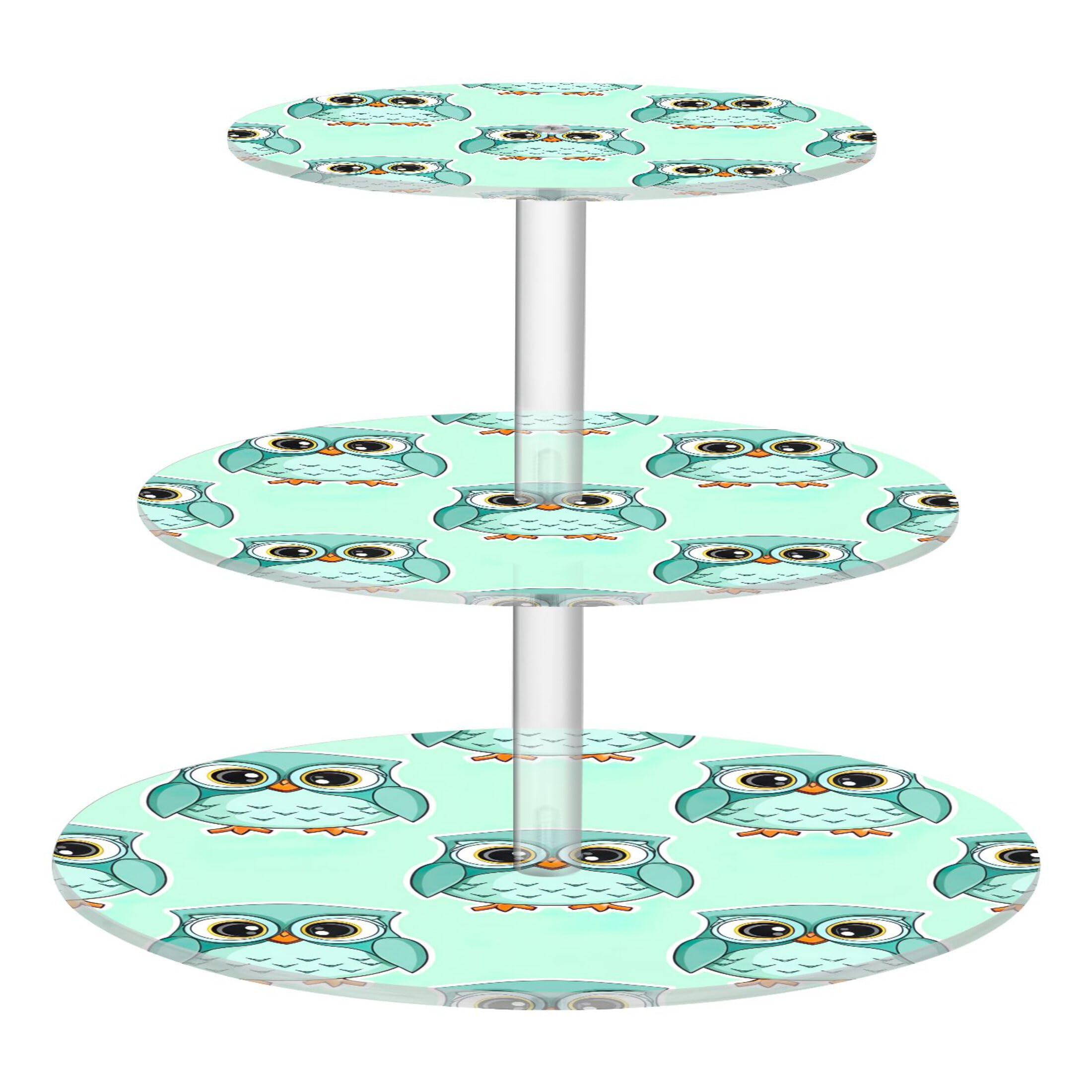 Simpatico supporto per cupcake a 3 ripiani con gufetti in stile cartone animato, per tè, torte, torte, espositore in acrilico, vassoi da portata per feste, cibo, feste di compleanno