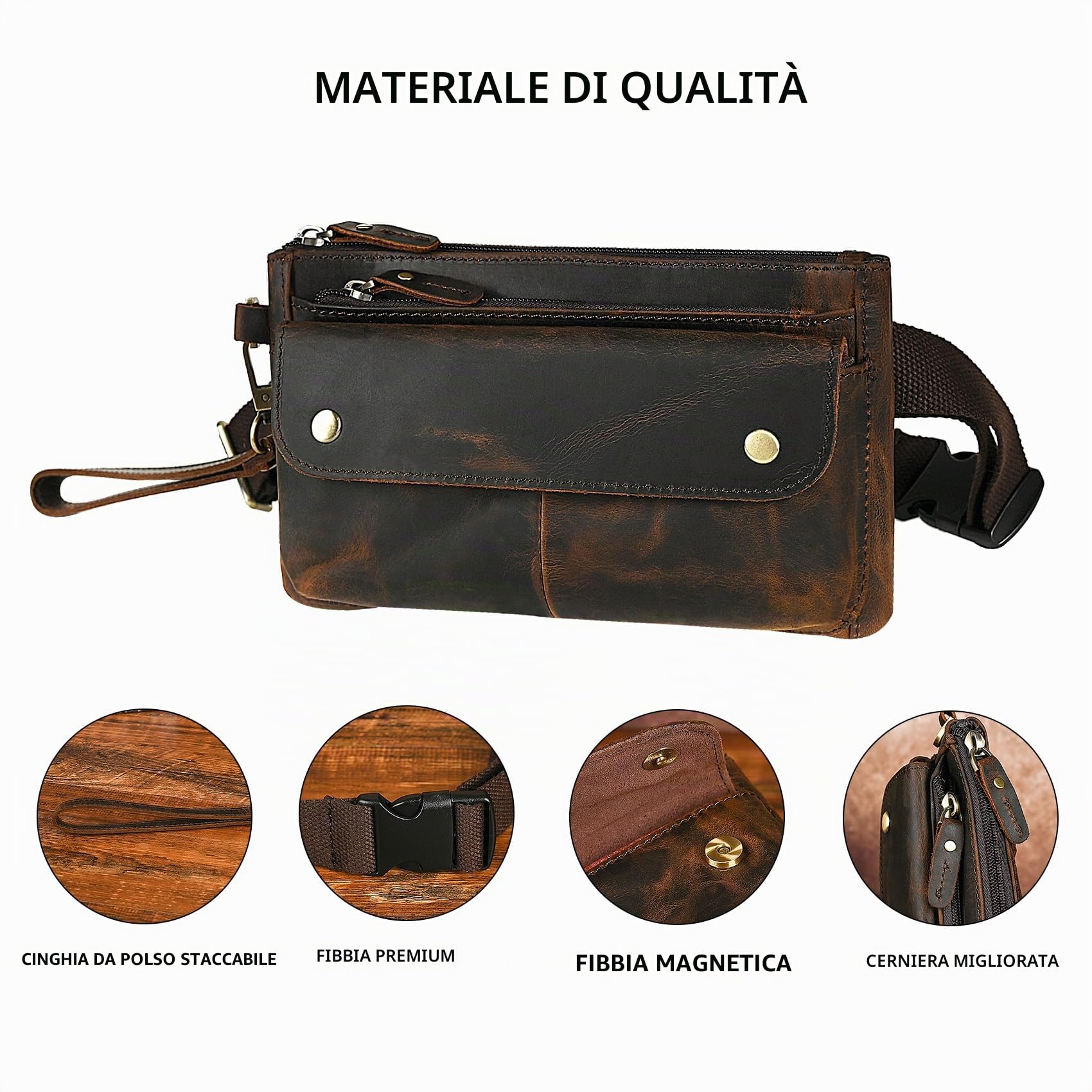 Marsupio Resistente all'Acqua in Tela + Pelle per Escursionismo, Equitazione, Viaggi, Marsupio da Vita con Piccola Tasca per Telefono per Uomo Donna FB811-29, medio