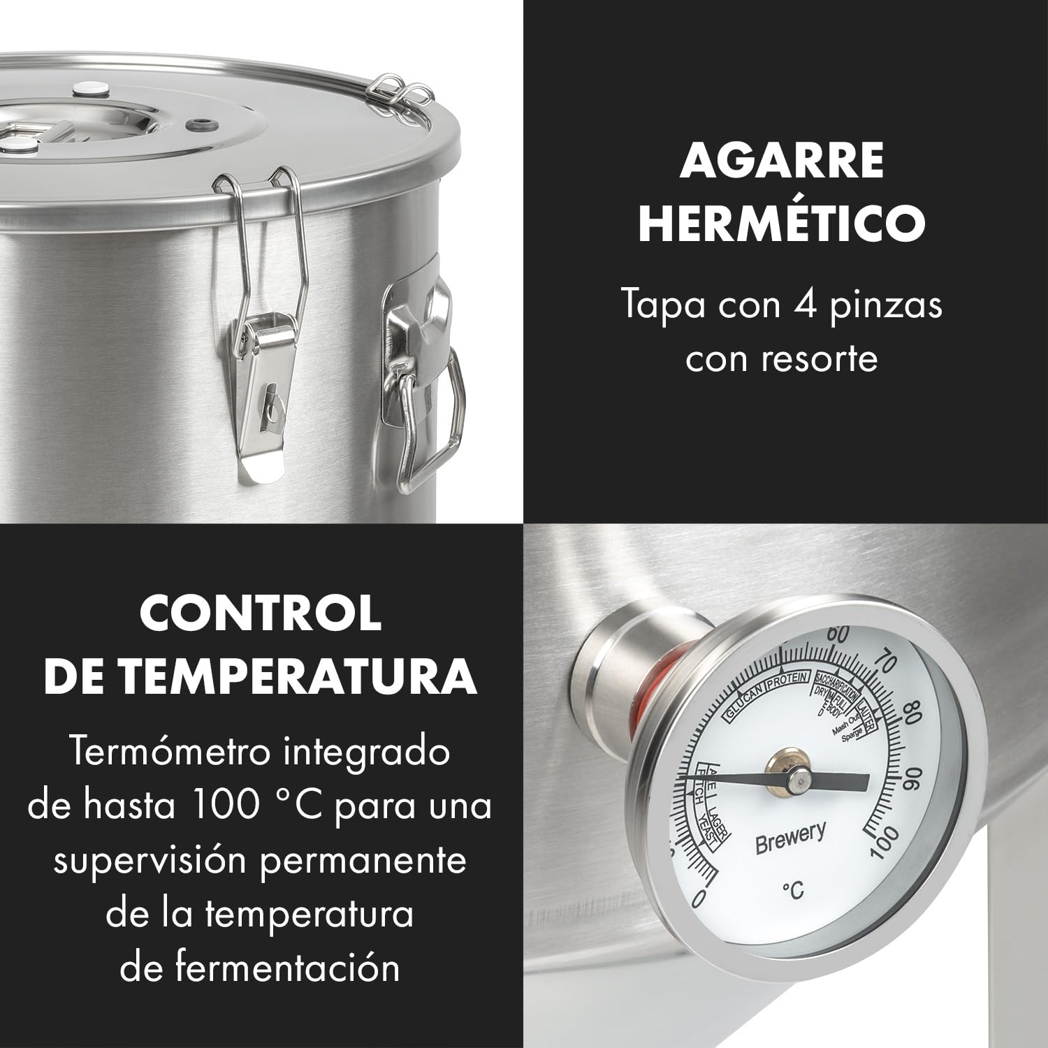 Klarstein Gärkeller Sistema para Elaborar Cerveza - Fermentador con Termómetro, Olla Cónica de Acero Inoxidable, para Cerveza o Vino, Airlock Tapa Hermética, Grifo, Pro 60 L, Plata
