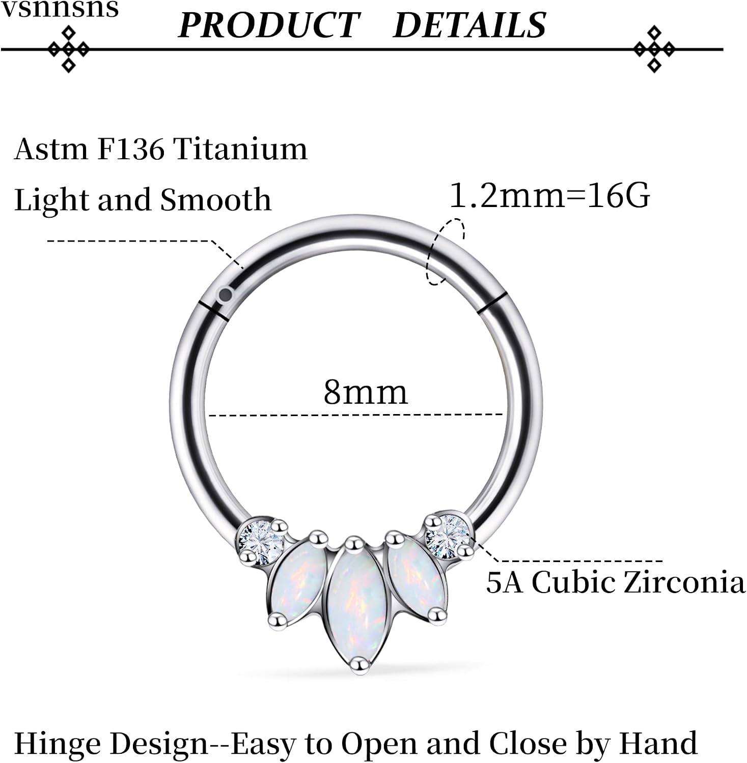 Vsnnsns G23 Titanium Septum Rings 16G 18G 20G Daith Piercing Jewelry Clicker Septum Jewelry CZ Opal Septum Rings Daith Earrings Piercing Jewelry Hoops For Women Men
