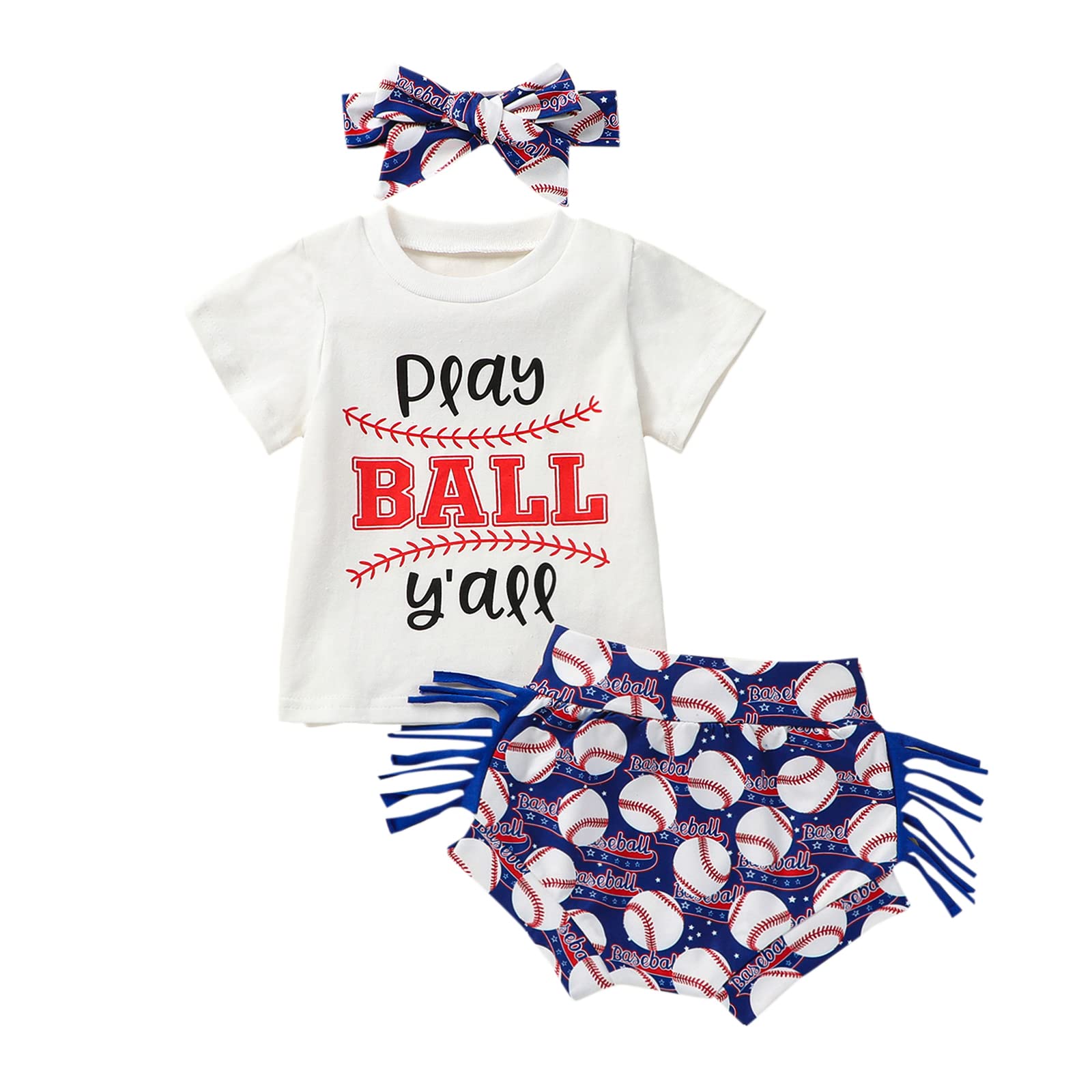 Toddler Baby Girls Summer Outfit Sets Short Sleeve Letter Print Tops with Baseball Print Tassel Shorts Set (Alphabet & Baseball,0-6 Months)