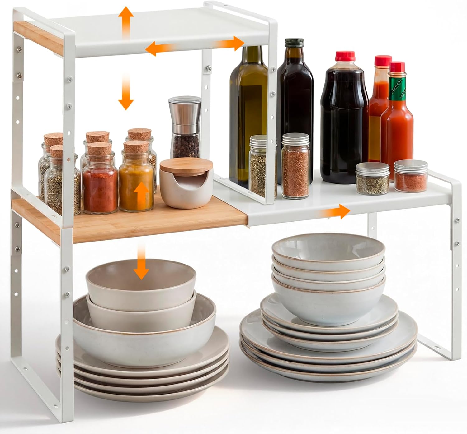 Blulu 2 Pack 13-24.4" Expandable Kitchen Cabinet Shelf Organizer Bamboo & Metal Heavy Duty Adjustable 5-7.7" h Shelf Riser Space-saving Stackable Storage Organizers Rack for Kitchen Cabinet Cupboard