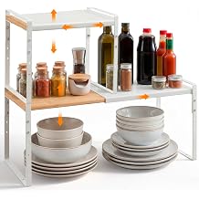 Blulu 2 Pack 13-24.4" Expandable Kitchen Cabinet Shelf Organizer Bamboo & Metal Heavy Duty Adjustable 5-7.7" h Shelf Riser Space-saving Stackable Storage Organizers Rack for Kitchen Cabinet Cupboard