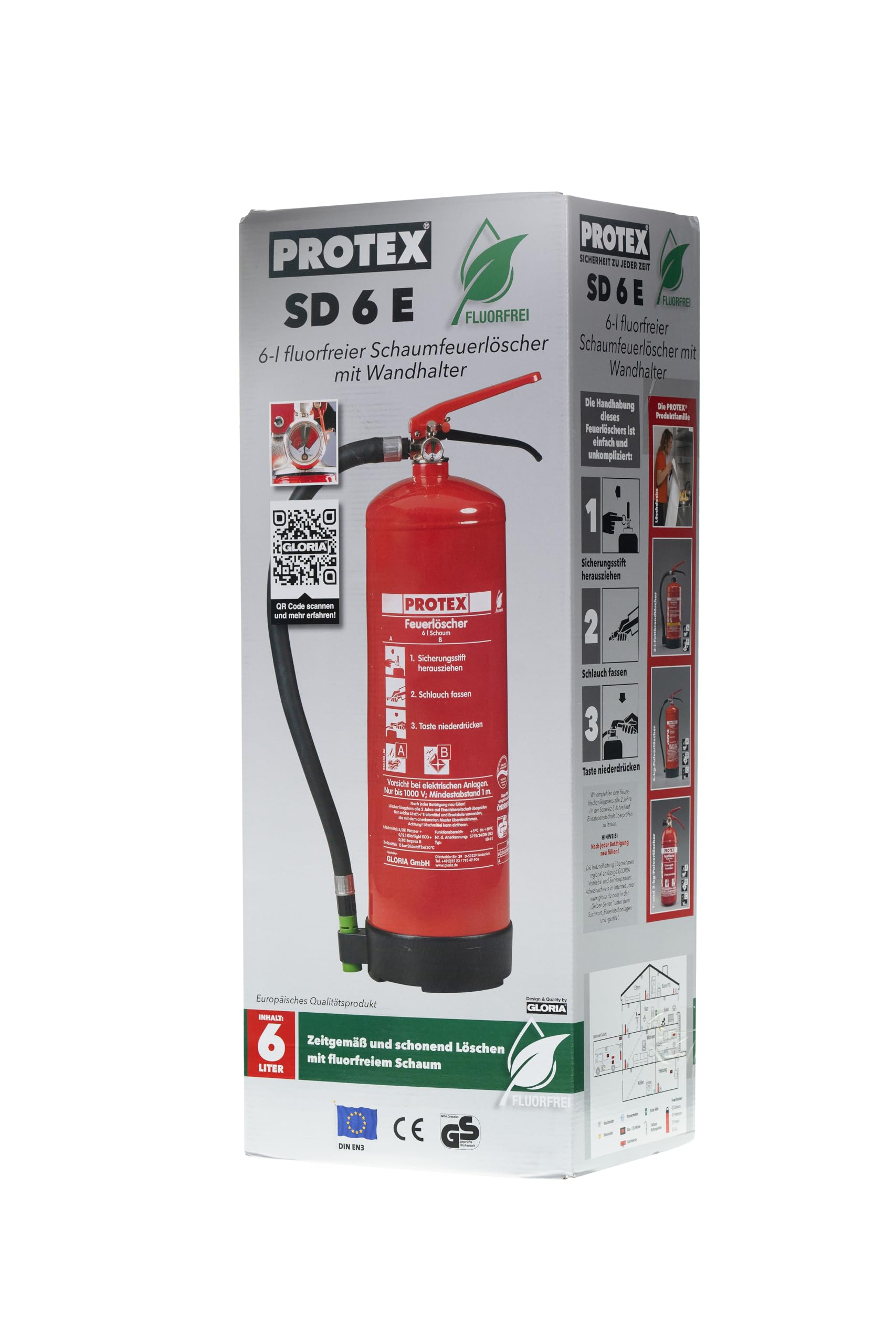 Protex – Schaum-Feuerlöscher SD6 E – 6 Liter – fluorfrei – für die Brandklassen A und B – nach DIN EN 3 – 11 kg – mit praktischer Halterung – mit Prüfplakette – Made in EU