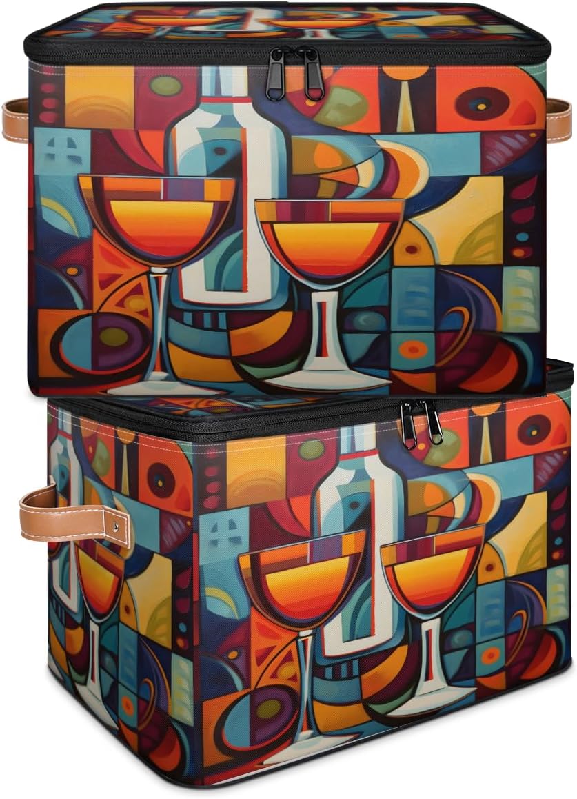Storage Bin Set of 2 Abstract Art Wine Storage Basket with Zipper Lid & Handle Foldable Closet Shelf 2 Pack Cloth Organizer Basket Cube Bins Clothes Organizer for Nursery, Bedroom