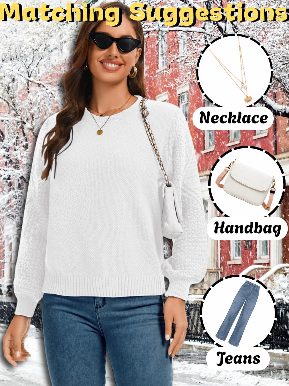 Kaei&Shi Women Cable Knit Sweater,Crewneck Puff Long Sleeve Sweaters,Fall Family Photo Outfits - Image 5