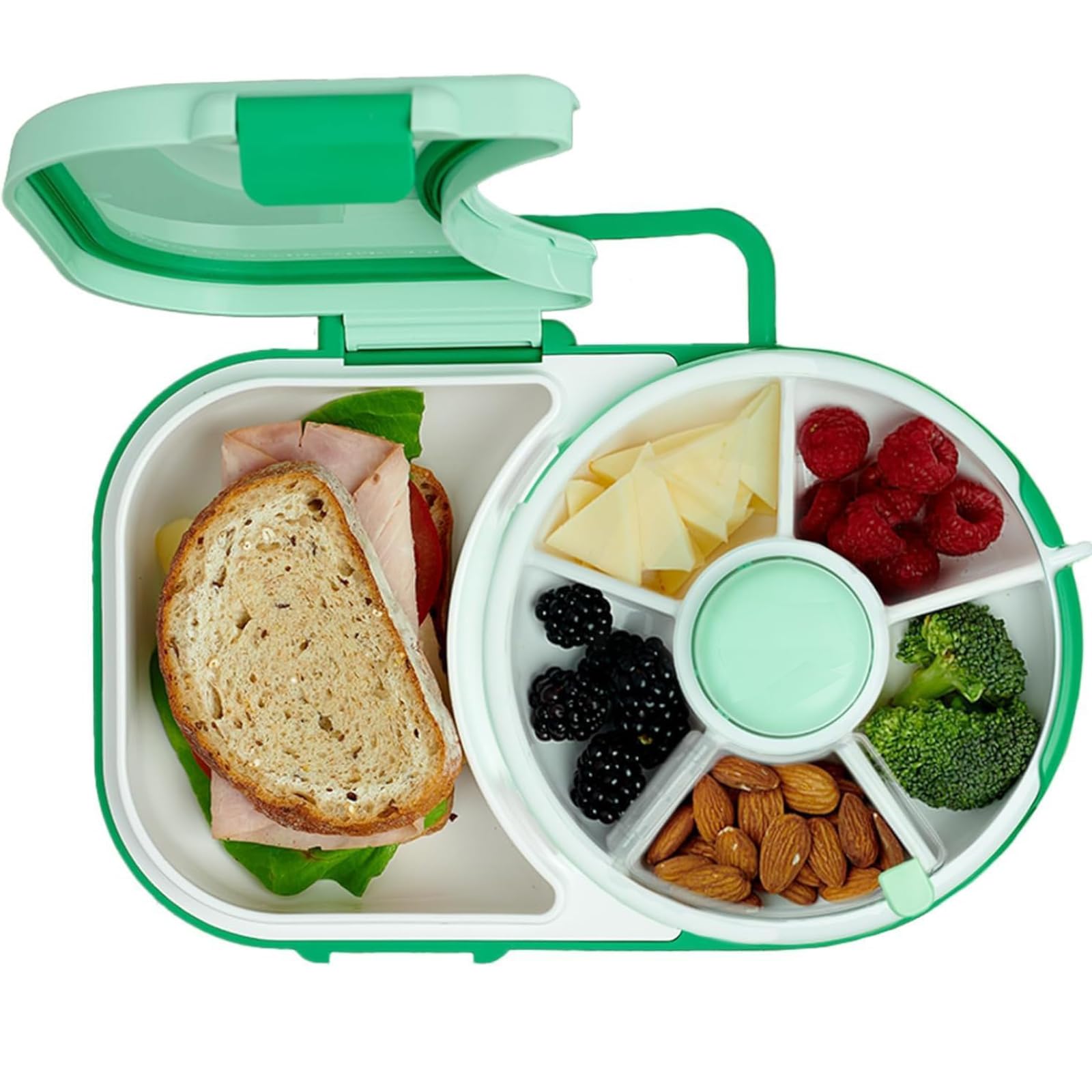 LYAROMISKids Lunchbox with 5 Compartment Dispenser + Lunchbox ,2-in-1 Bento Style Lunch Container, 5 Small +1 Large Sandwich Compartment。… (Green)