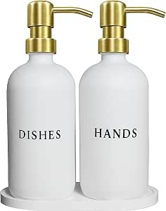 Glass Hand and Dish Soap Dispenser Set with Bamboo Tray - 16 oz Kitchen Soap Dispenser, Gold Pumps, Silicone Funnel