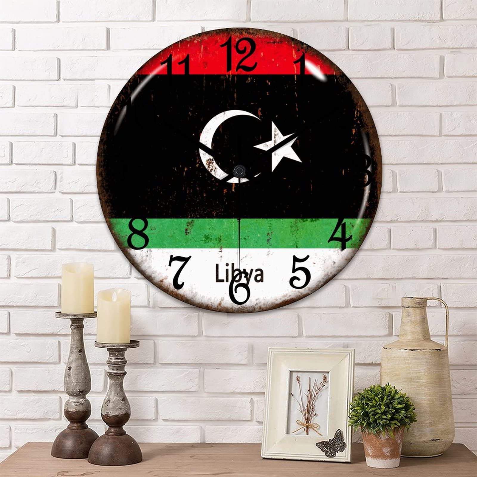 Horloge murale en bois drapeau Libye 38,1 cm silencieuse et design rustique