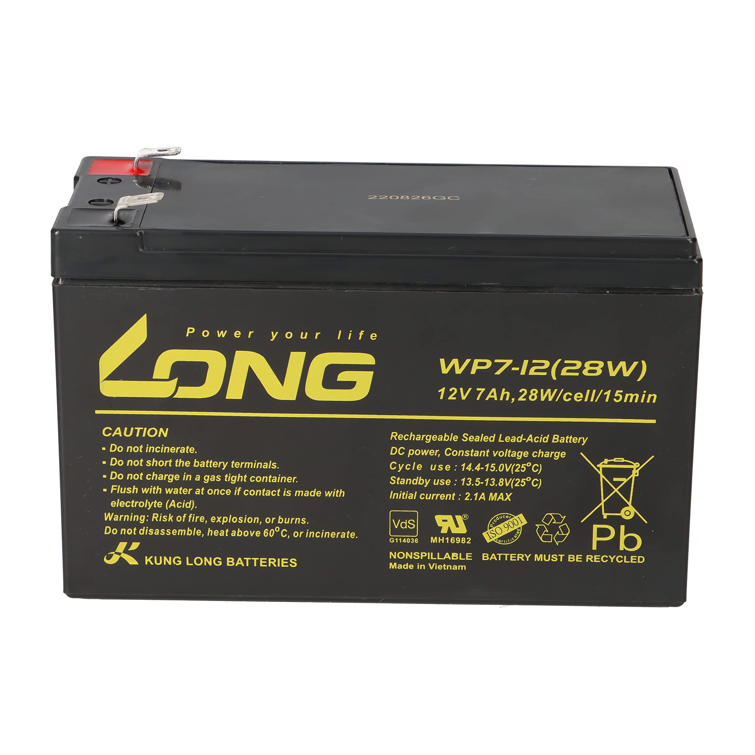 1 batterie au plomb AGM 12 V 7 Ah longue WP7-12 28 W VDs Faston F2 6,3 mm compatible gel plomb 7,2 Ah 8 Ah 9 Ah