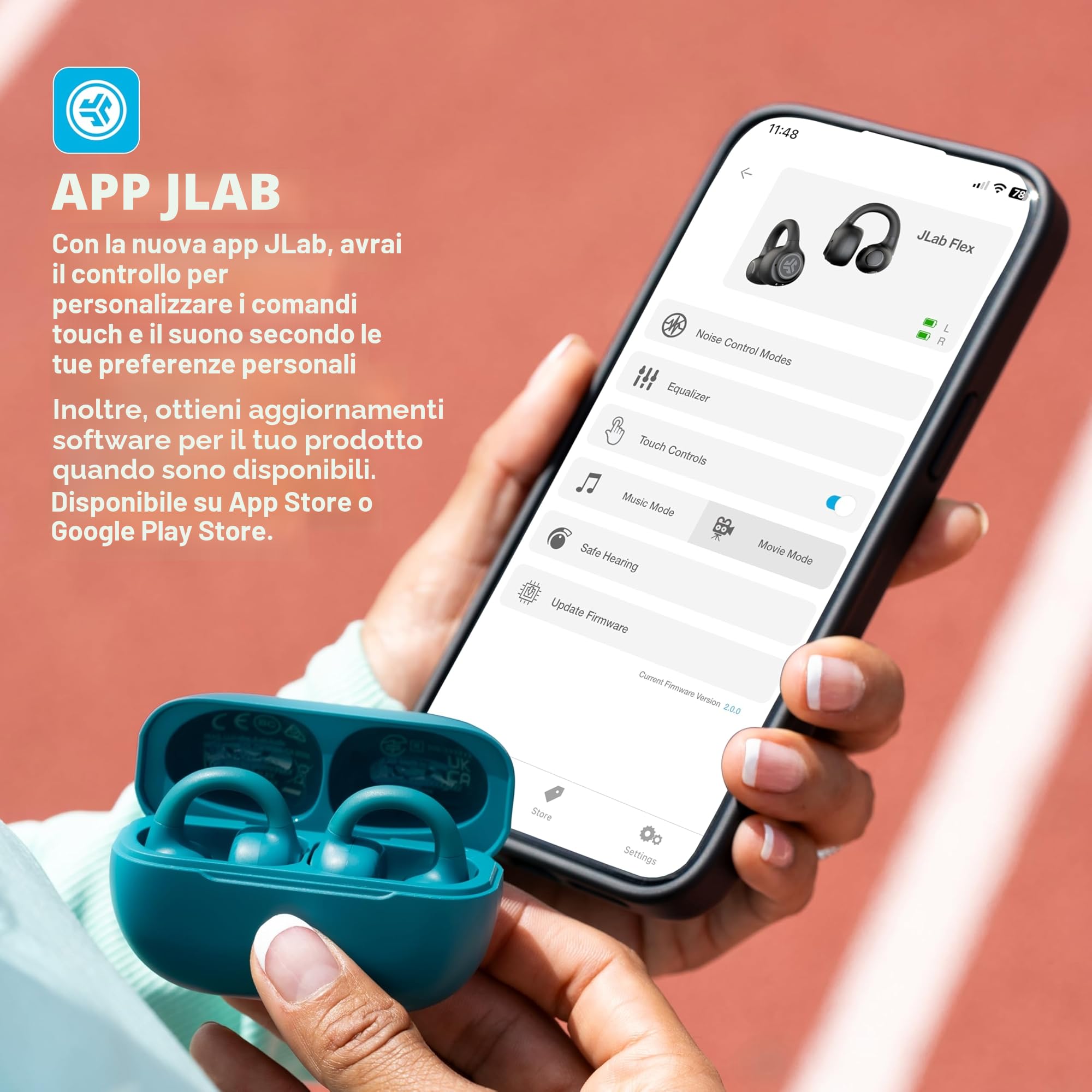 JLab Flex Cuffie Open Ear - Auricolari Open Ear Wireless, Design con Clip, 21H di Autonomia, Auricolari con Bluetooth Multipoint, Microfono MEMS, Personalizzazione con App, Verde Acqua