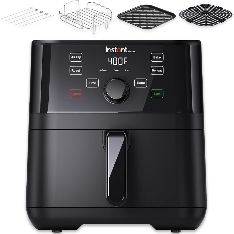 Freidora de aire Vortex 5.7QT con accesorios, programas de cocción inteligentes personalizados, funciones 4 en 1 que doran, asan, hornean y recalientan, más de 100 recetas en la aplicación, de los creadores de Instant Pot, negra