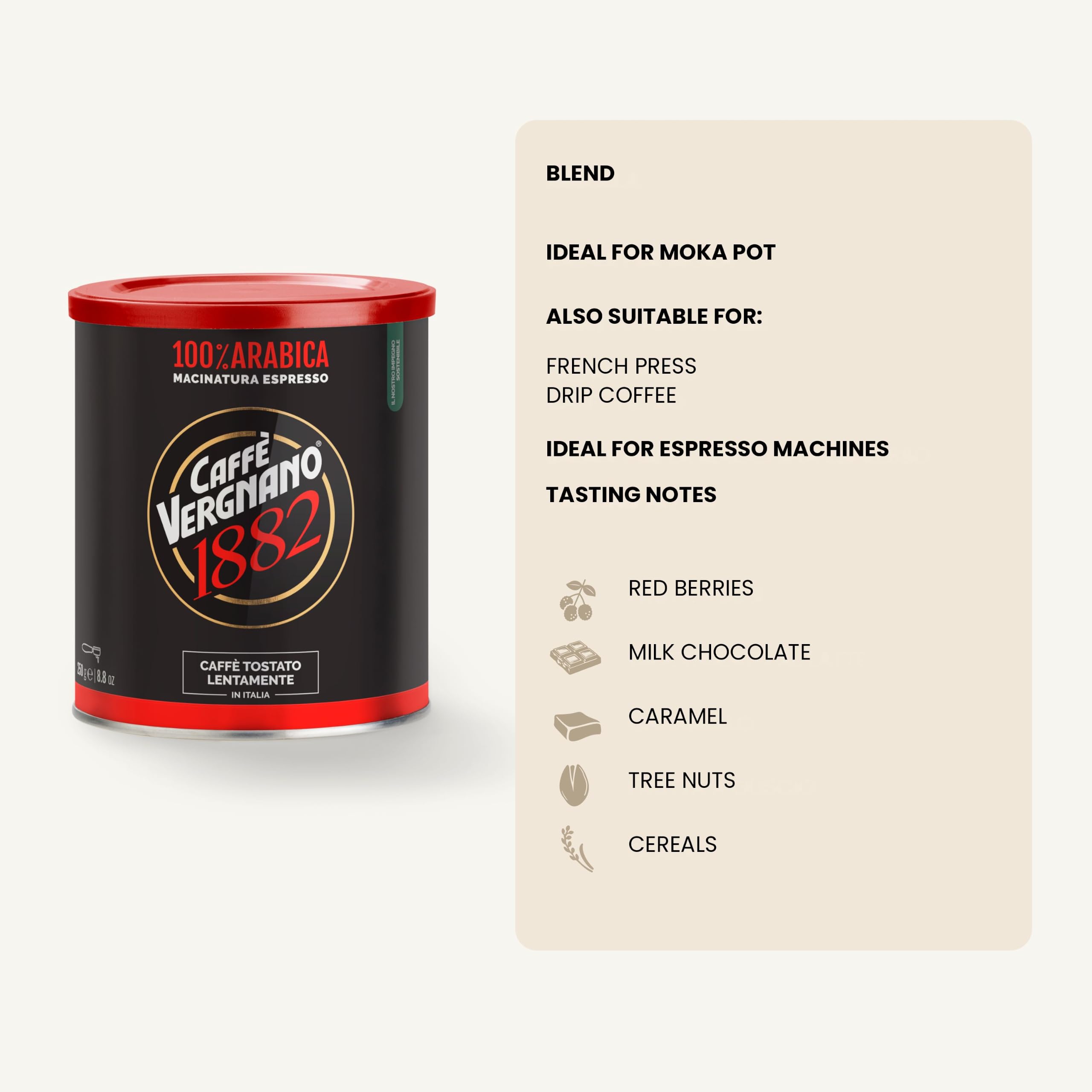 Caffè Vergnano 1882 - Boîte de café 100% Arabica Moulu Espresso - 1x250 gr