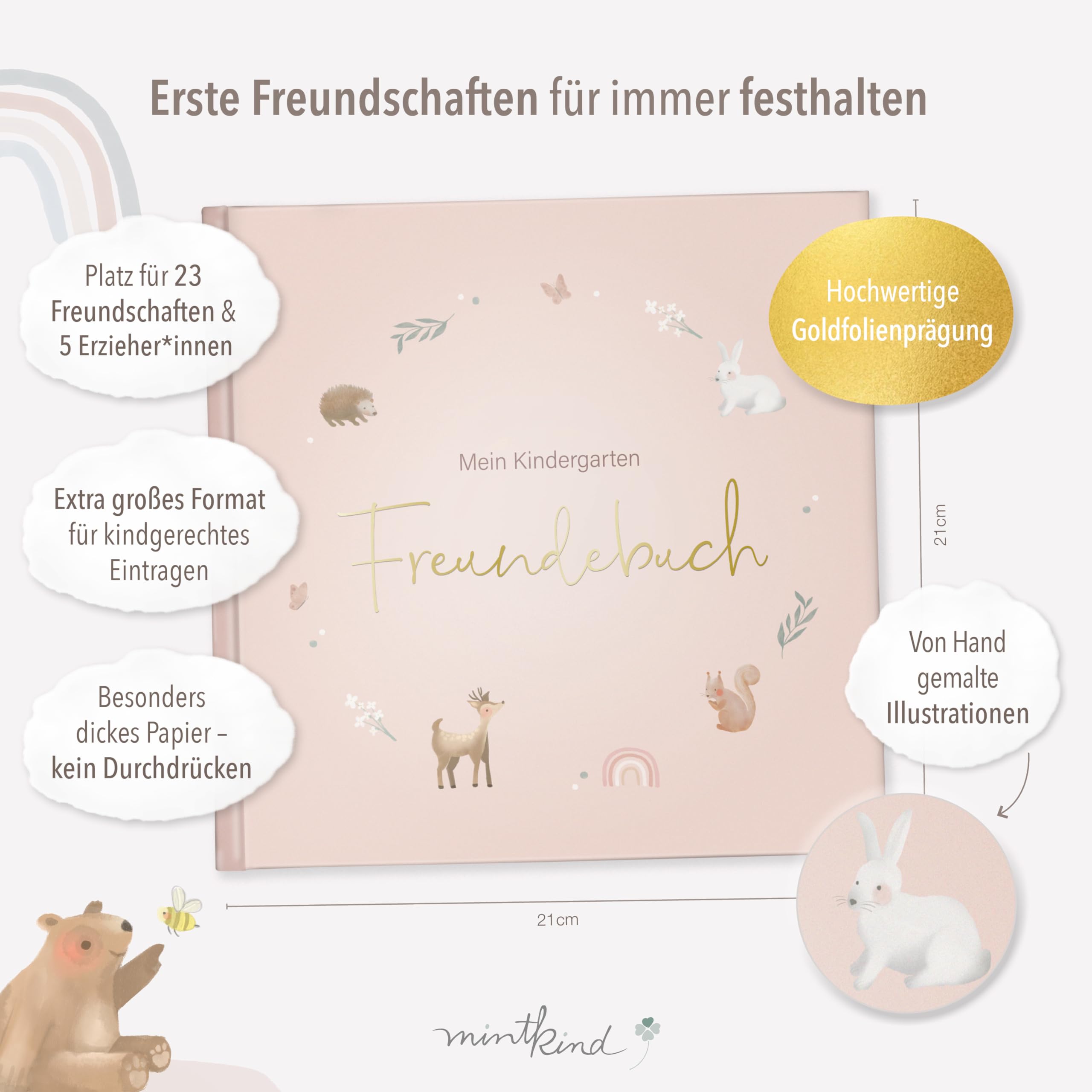 mintkind® Kindergarten Freundebuch Rosa, Freundschaftsbuch zum Ausfüllen, Freundebuch für den Kindergarten Mädchen und Jungen, kinderfreundliche Vorlagen und niedliche Illustrationen