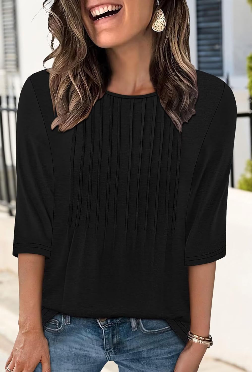 KISSMODA Women's Round Neck Pleated 3/4 Sleeve Tunic Top - Image 3