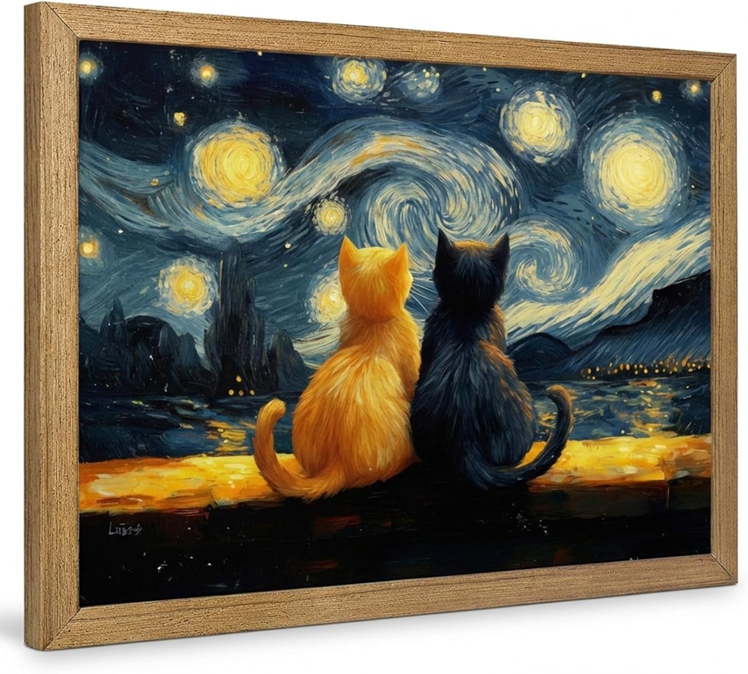 Ypxzzj Van Gogh Starry Night With Dogs Canvas Wall Art,Night Starry Prints Pictures Paintings Wall Decor, Animal Dog Artworks for Bedroom Living Room Wall Decor Framed Ready to Hang