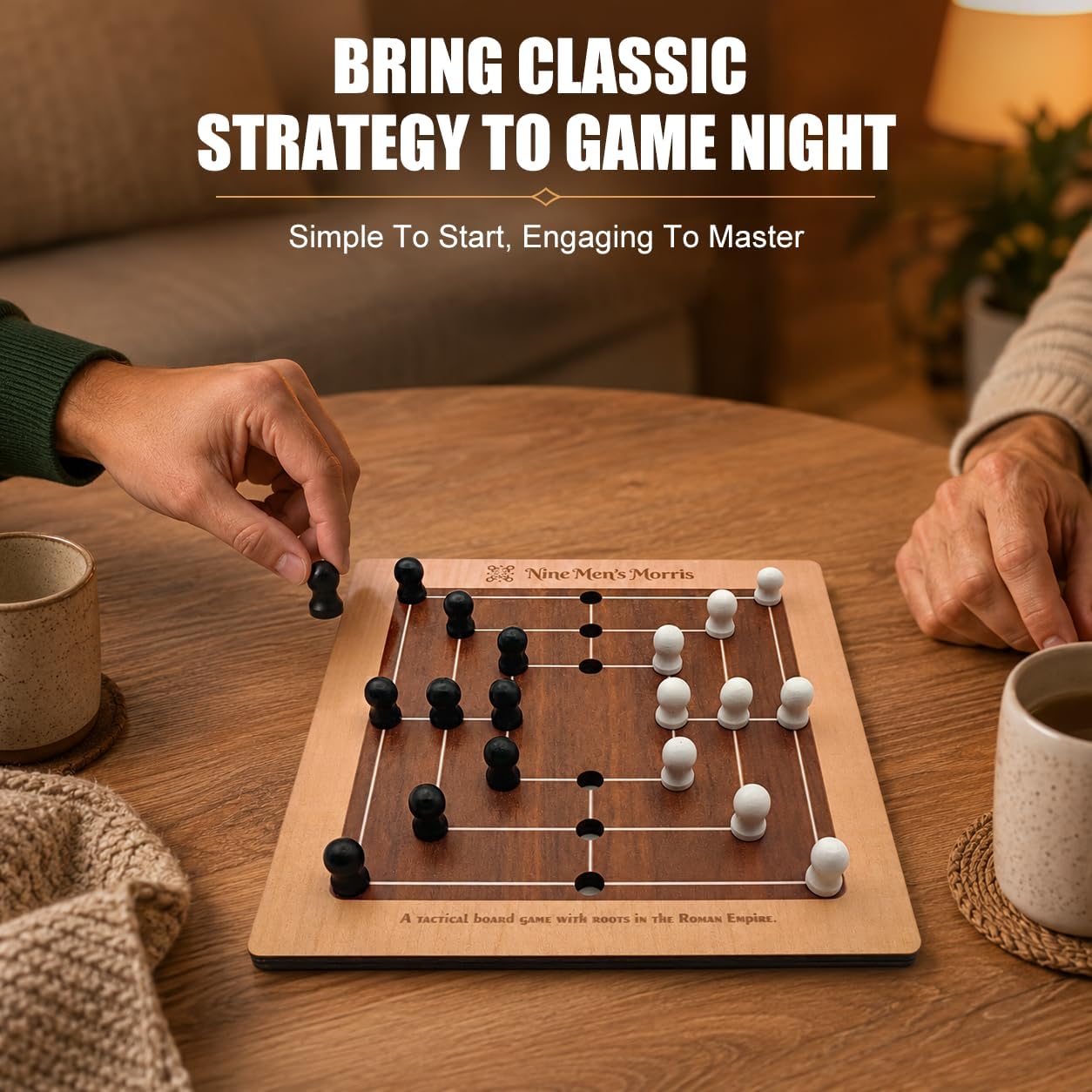 Nine Men's Morris Board Game, Compact 5" Wooden Travel Set with Storage Bag and 18 Miniature Figure Pieces (Black & White), Classic 2-Player Strategy Board Game for Adults and Family Game Nights image 3