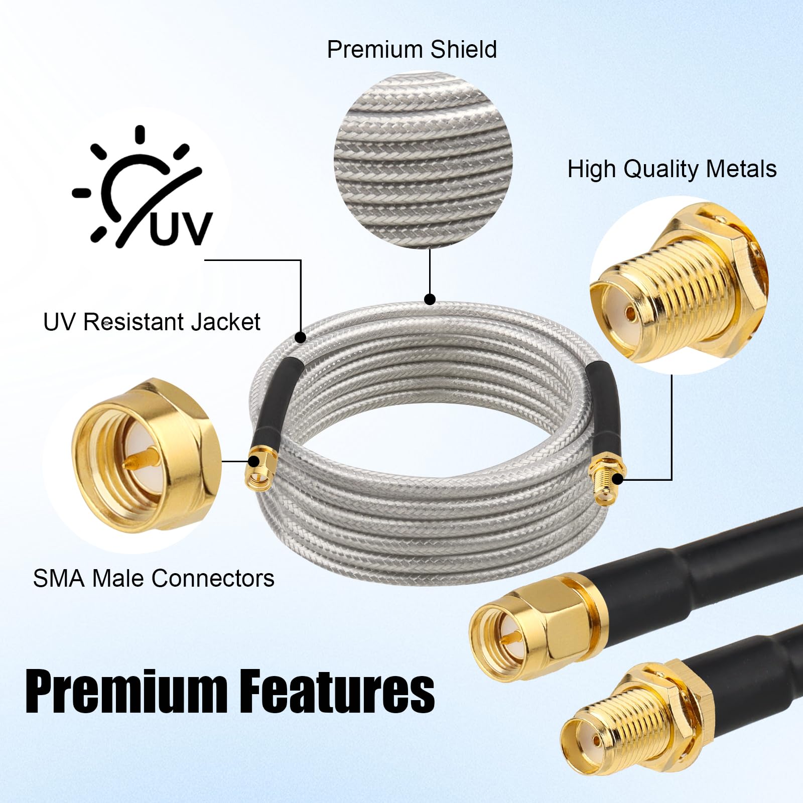 MOOKEERF RG8X SMA maschio a SMA femmina cavo coassiale 15 m, cavo di prolunga SMA a perdita ultra bassa 50 ohm per router, GPS, radio RF, antenna WiFi, ripetitore di segnale, modulo ecc.