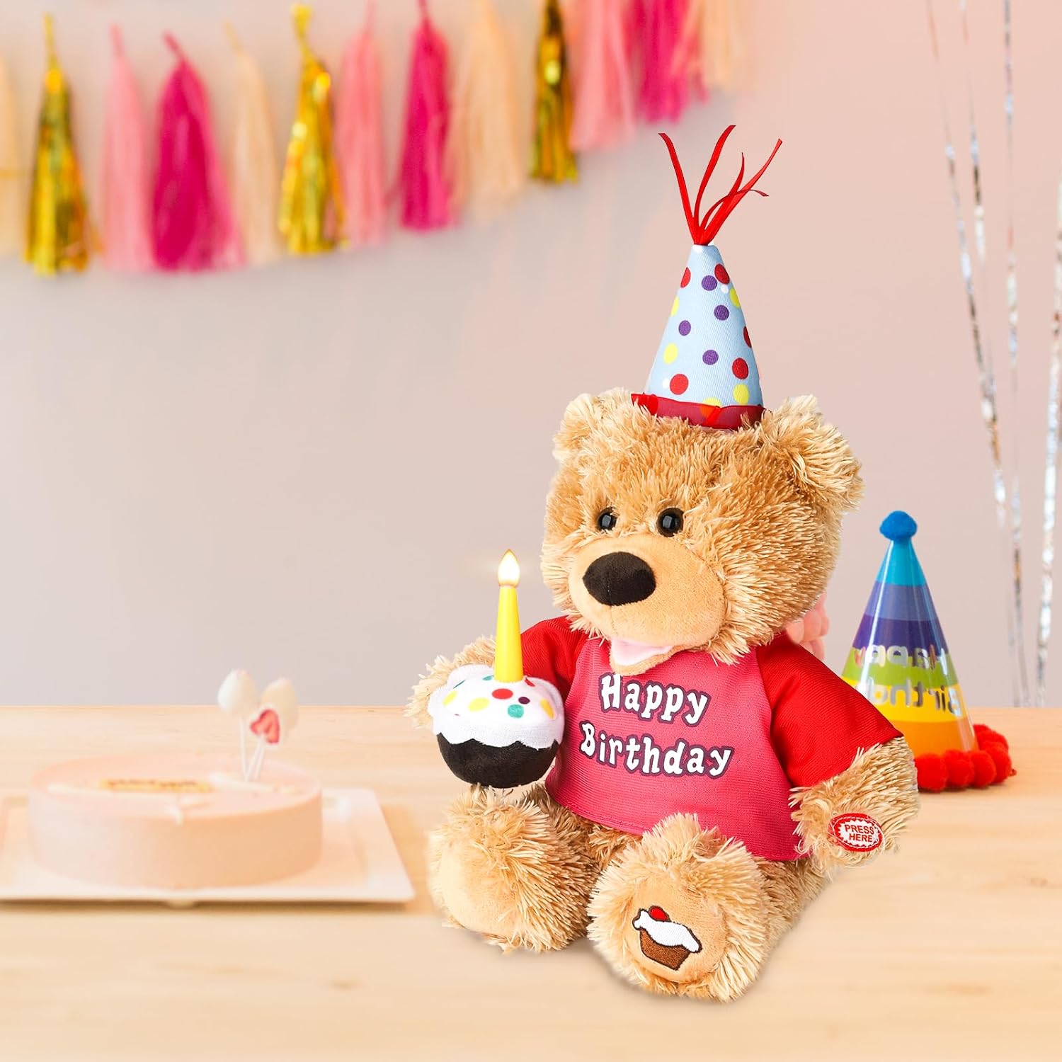 Dancing Singing Happy Birthday Interactive Teddy Bear Stuffed Animal W/Cupcake,Singing Stuffed Animals Musical Animated Plush Toy W/Glow Candle, Teddy Bear Birthday Gift for Kids Adults,12"