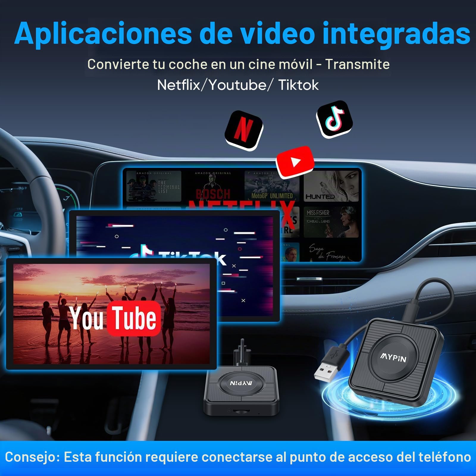 MYPIN Adaptador CarPlay Inalámbrico 3 en 1, Convertidor USB A/C para CarPlay y Android Auto, Compatible con iPhone iOS 10+/Android