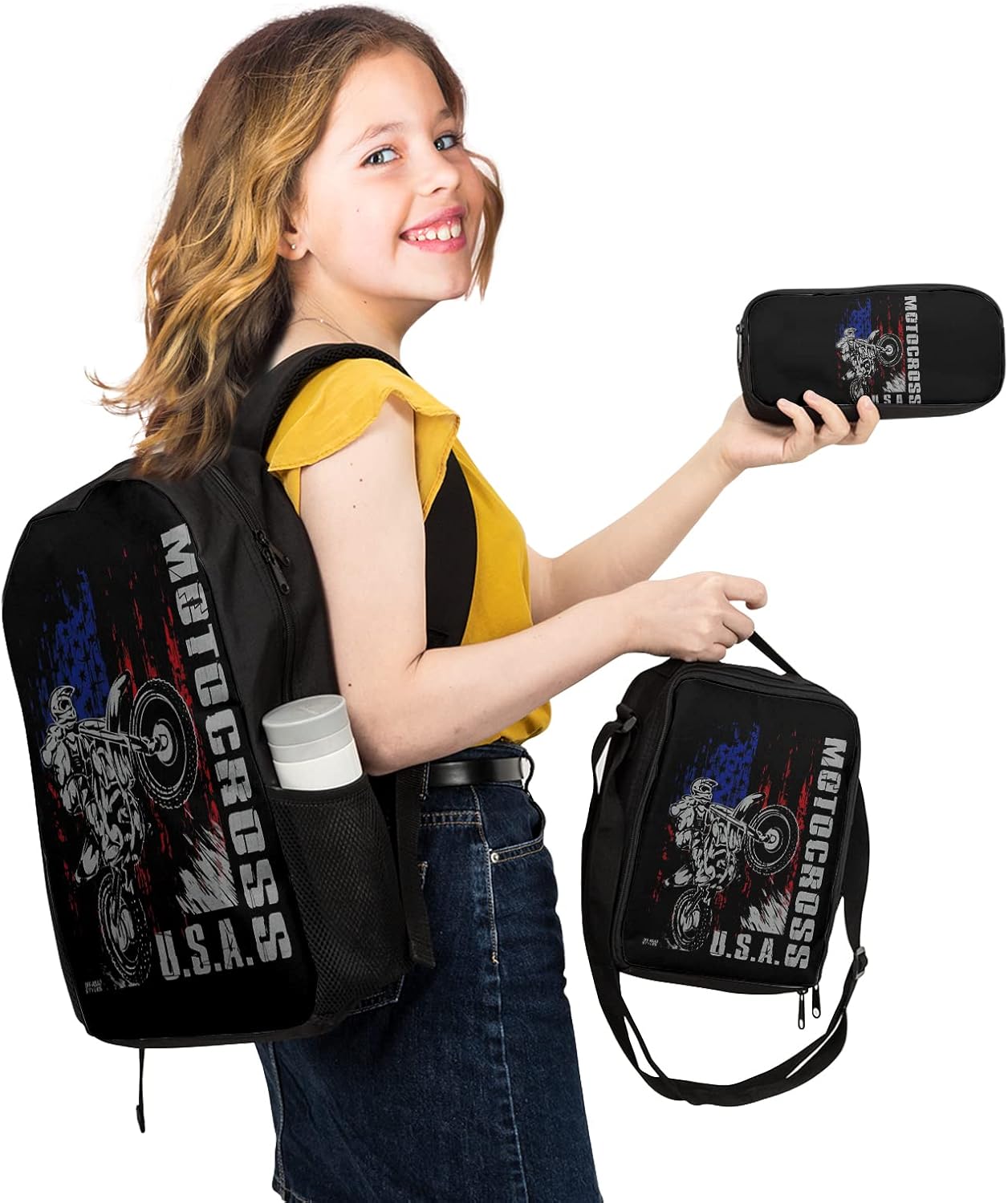 Giwawa Motocross Vehicle Teens School Backpack Set American Flag Canvas Girls Boys School Bags Travel Bookbags 3 in 1