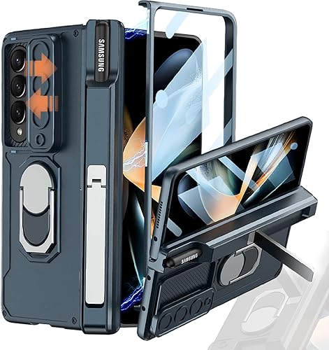 Miimall Funda compatible con Samsung Z Fold 4 con película de pantalla, soporte para bolígrafo S cubierta deslizante para lente soporte de anillo