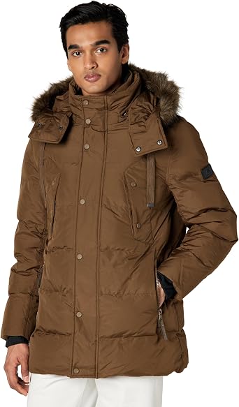 Andrew Marc Mens Gattica Down Parka Jacket With Removable Faux Fur Trimmed Hood and Bib