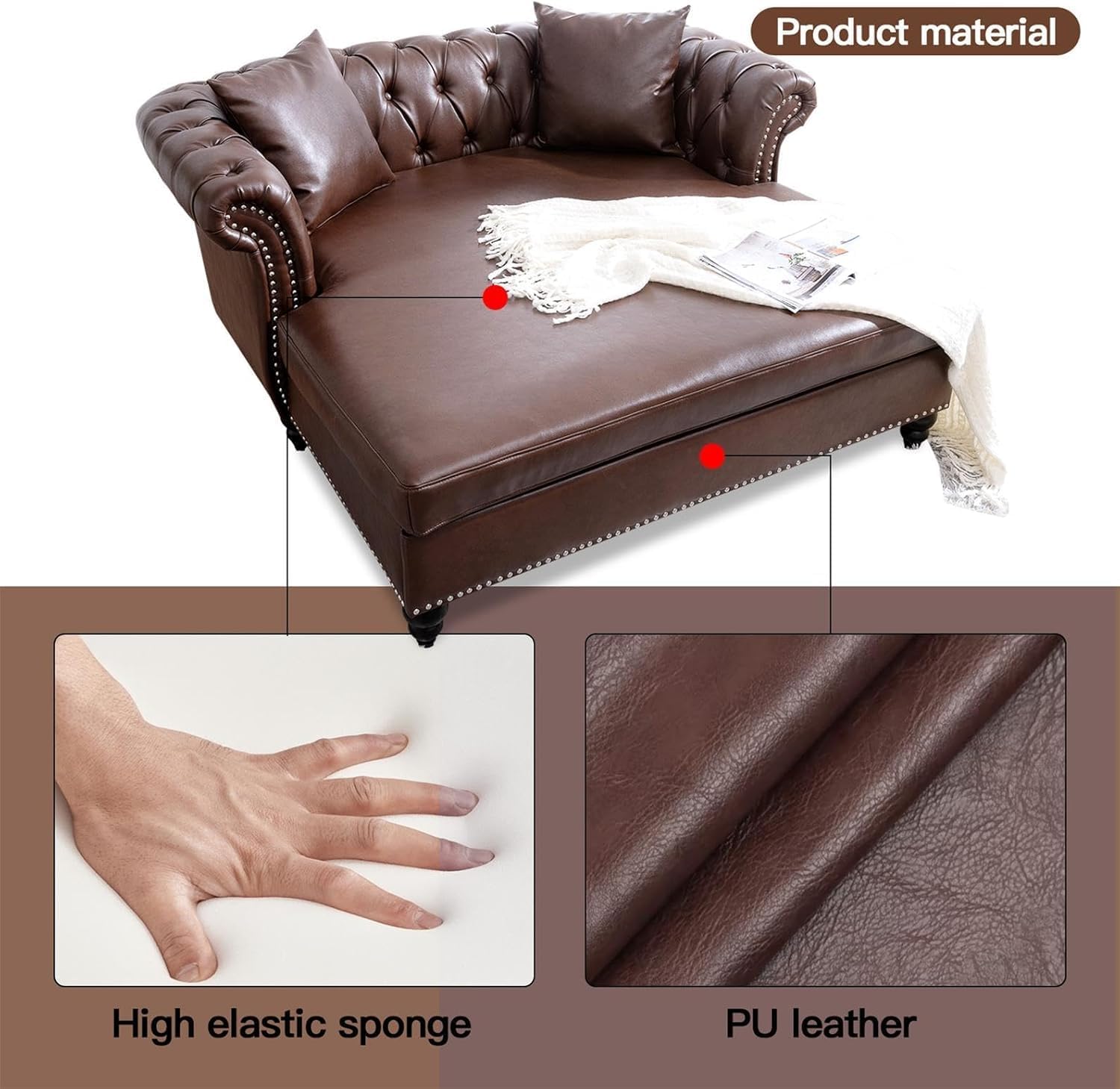 63" Chesterfield Double Chaise Lounges Sofa, Faux Leather Chaise Lounge Chair Indoor with 2 Pillows andRolled Arm Oversized Loveseat Sofa