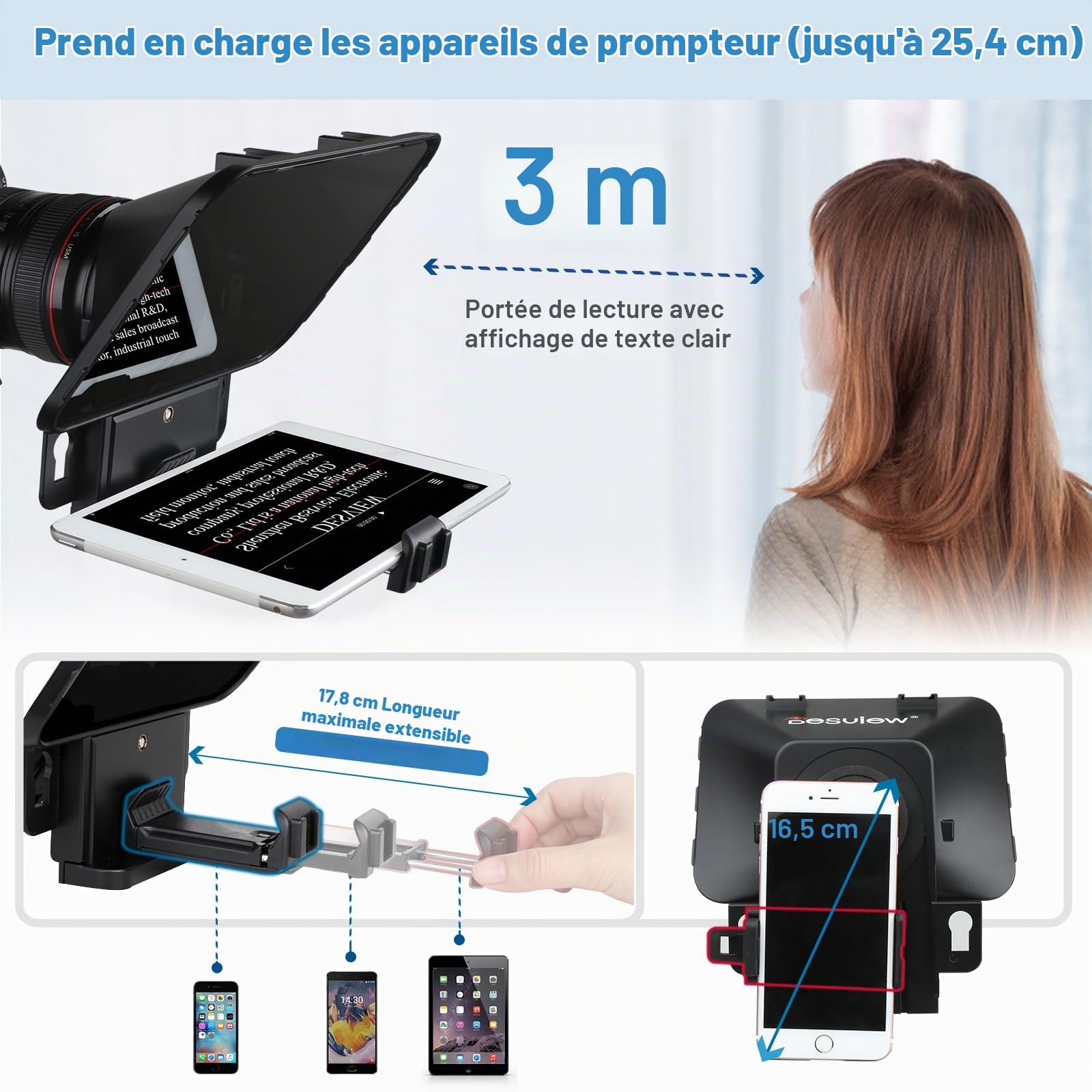 Desview T3 Téléprompteur pour Smartphone DSLR Camera, Enregistrement Vidéo | Prompteur Portable, Compatible iPad/iPhone/Tablettes 10", Télécommande Bluetooth et APP, pour YouTube Vlog Live Streaming
