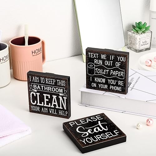 Miniatura 3 de Yulejo 3 letreros divertidos de baño de granja, accesorios de baño de madera rústica, decoración de baño, estante de pared en blanco y negro,