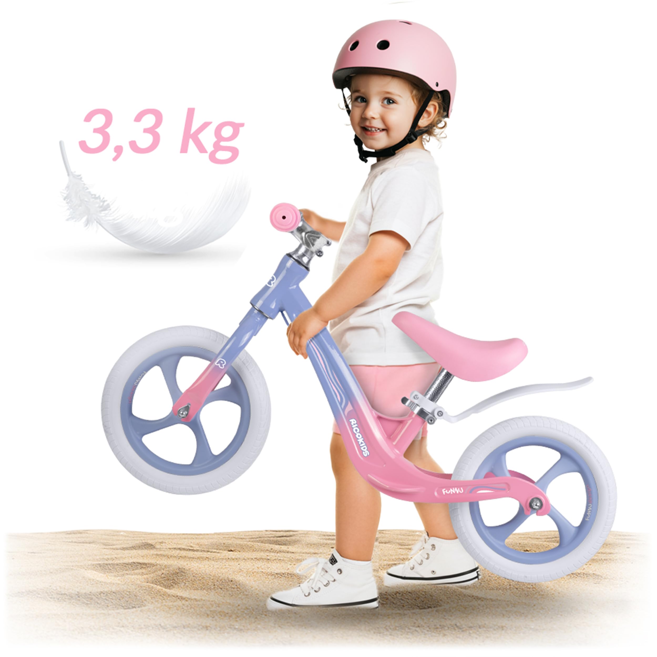 Ricokids Rowerek Biegowy dla Dzieci - Regulowane Siodełko - Opony PU 12'' Odporne na Przebicia - Funnu Niebieski Różowy