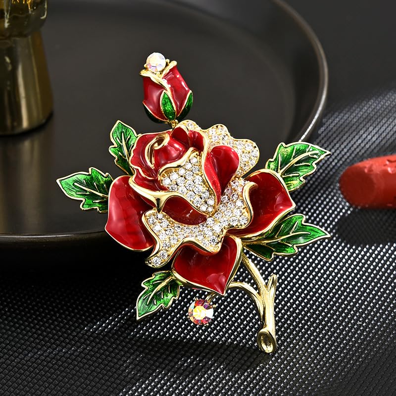 Image of Flower Brooch Pins for Women Red Rose Pin Dress Sweater Jacket Costume Jewelry Pins Wedding Holiday Gift Accessories (Red Rose)