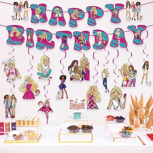 Miniatura 5 de Suministros de fiesta de cumpleaños de ensueño para niñas, pancarta rosa de feliz cumpleaños con 12 espirales colgantes, decoraciones de fiesta rosa