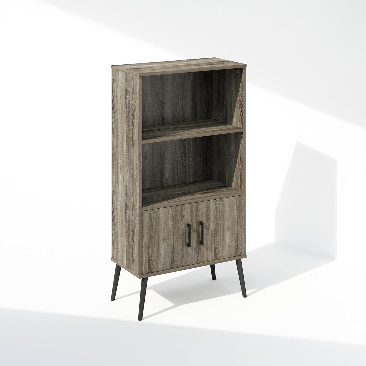 Furinno MIDCENTURY Storage Cabinet, 3 Tier Accent Cabinet with Open Shelves, Closed Cabinet, Wooden Legs, Organization and Storage, for Living Room, Home Office, French Oak Grey
