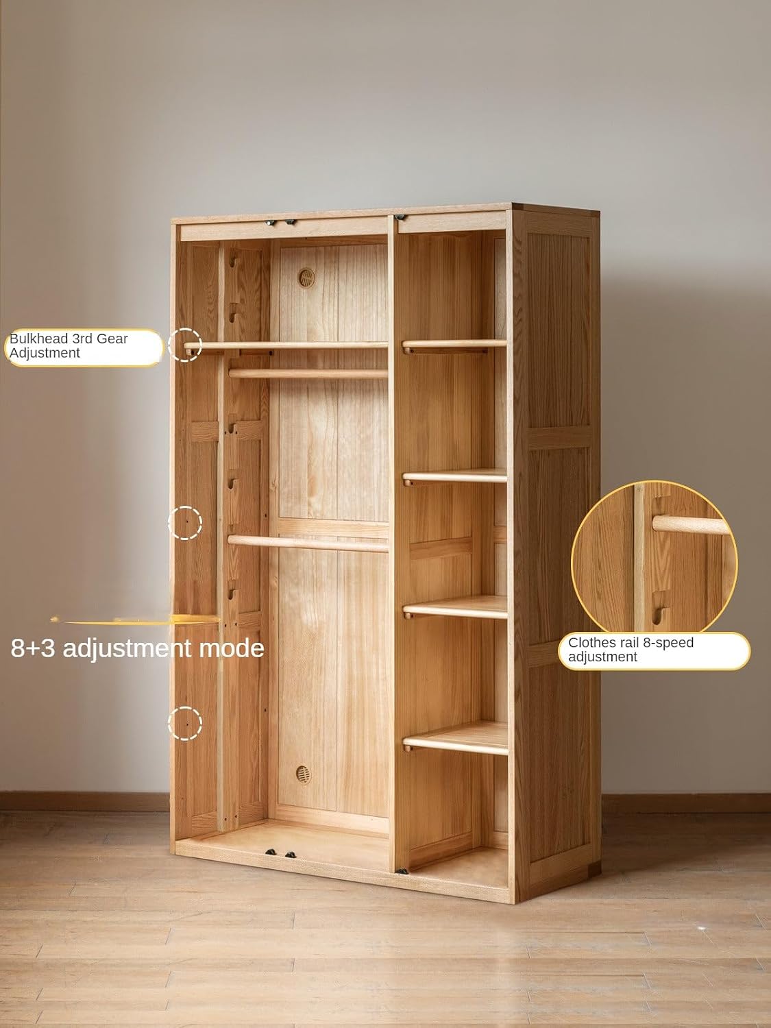 GVAwood Oak Wooden Storage Cabinet with Doors, Multi-Section Organizer for Home Use, 66.1 x 20.8 x 98.4 in, Natural Wood Finish