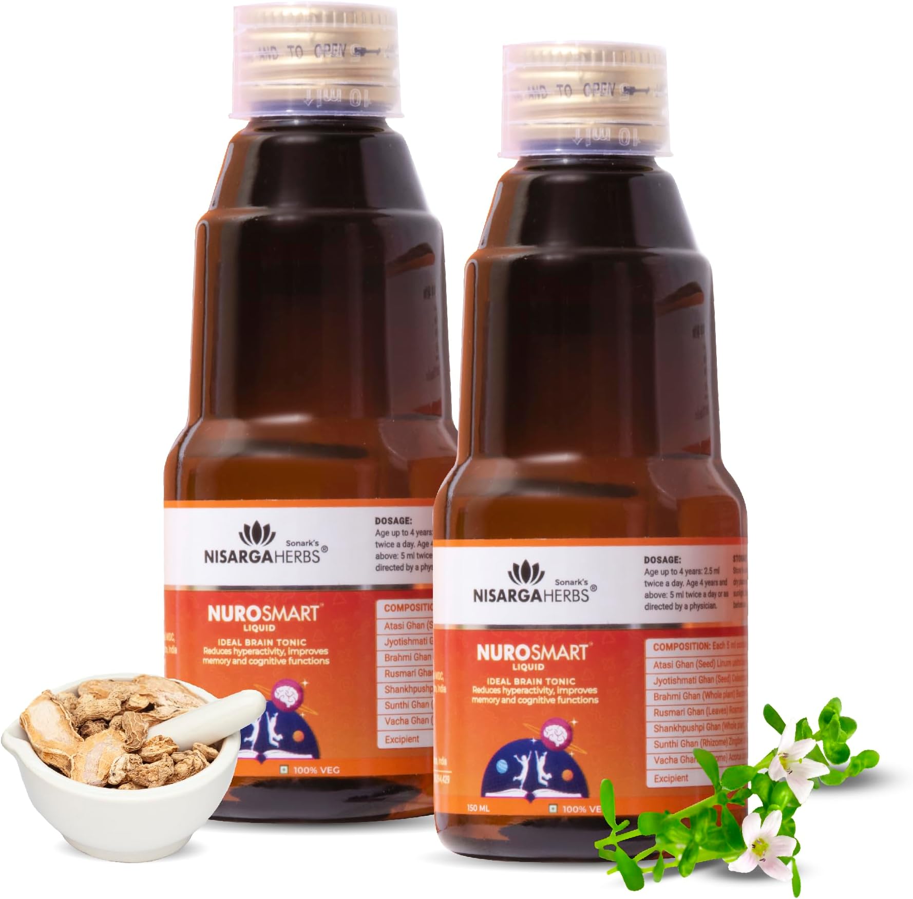 Nisarga Herbs Nurosmart Brain Booster Syrup for Kids (2–12Y) 150ml | Pack of 2 | 30 Days Supply | Ayurvedic Tonic with Brahmi, Shankhpushpi, Jyotishmati | Boosts Memory, Focus & Concentration