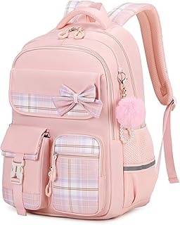 Tanou School Backpack Girls Children's Backpack Waterproof Backpack Teenager Daypack Kawaii Checked School Bag for Girls 9-16 Years with Trolley Strap
